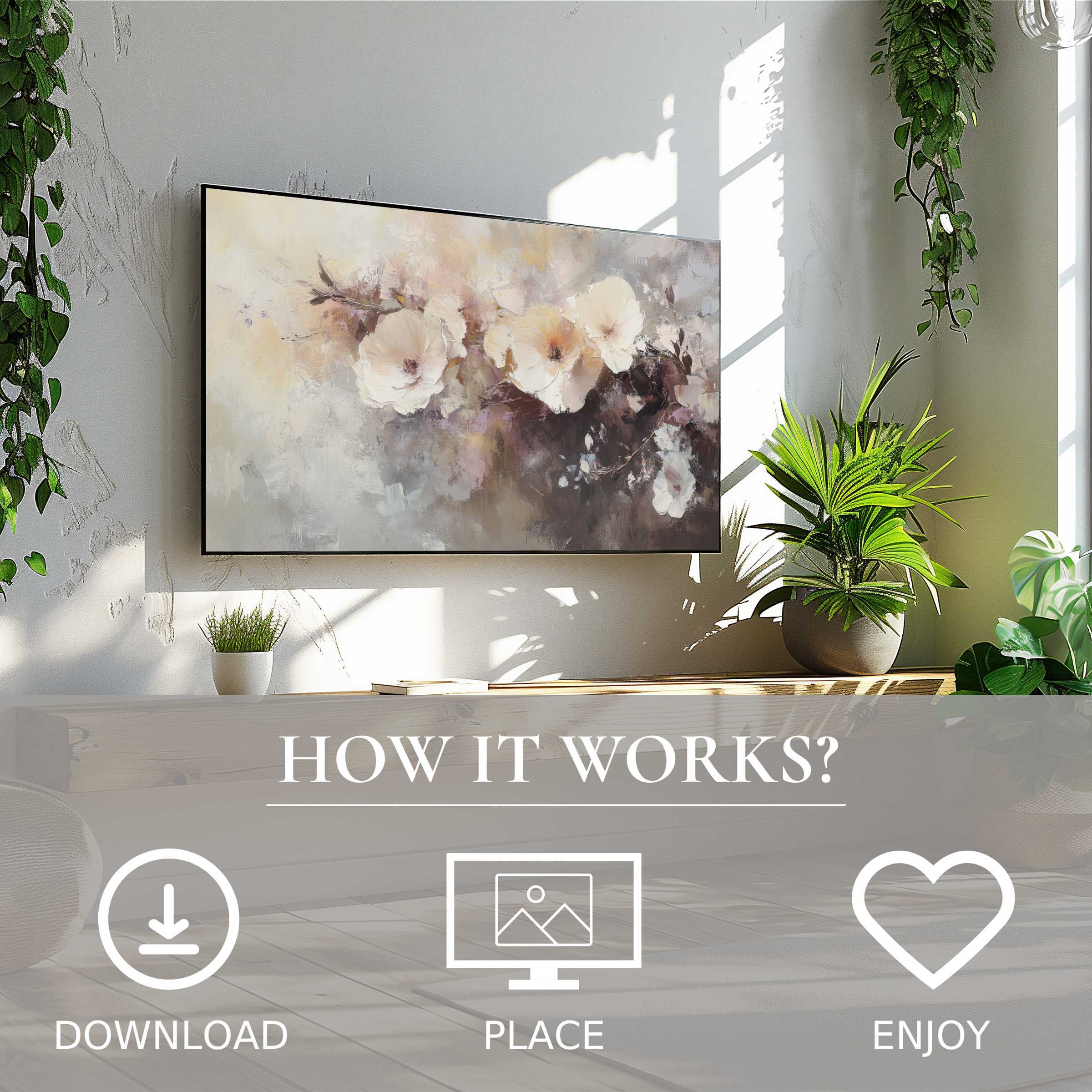 Botanical art for Samsung TV with soft floral tones, easy digital download to enrich modern living spaces instantly