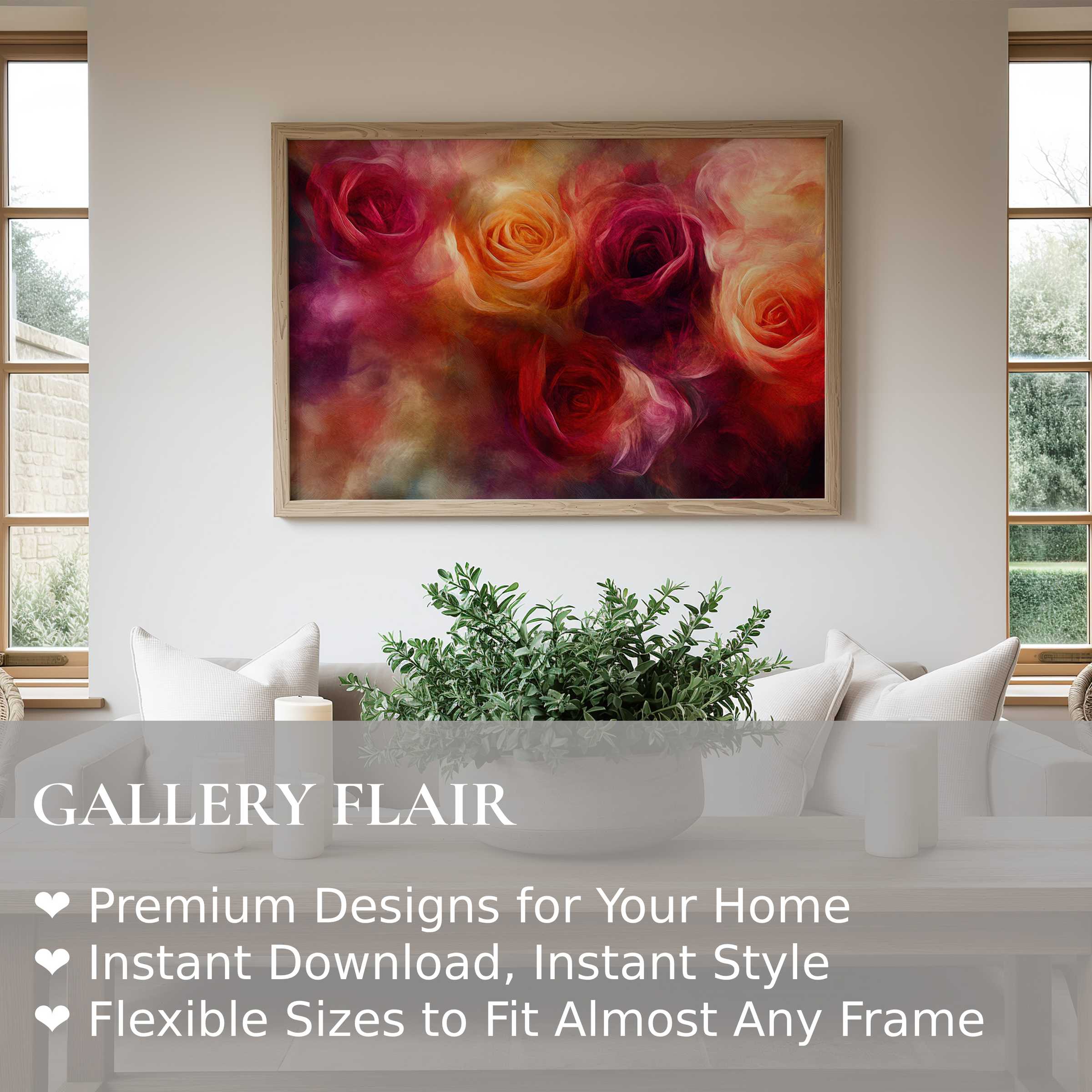 Radiant floral wall art print with vibrant roses in rich reds and oranges, elevating modern minimalist interiors with timeless elegance