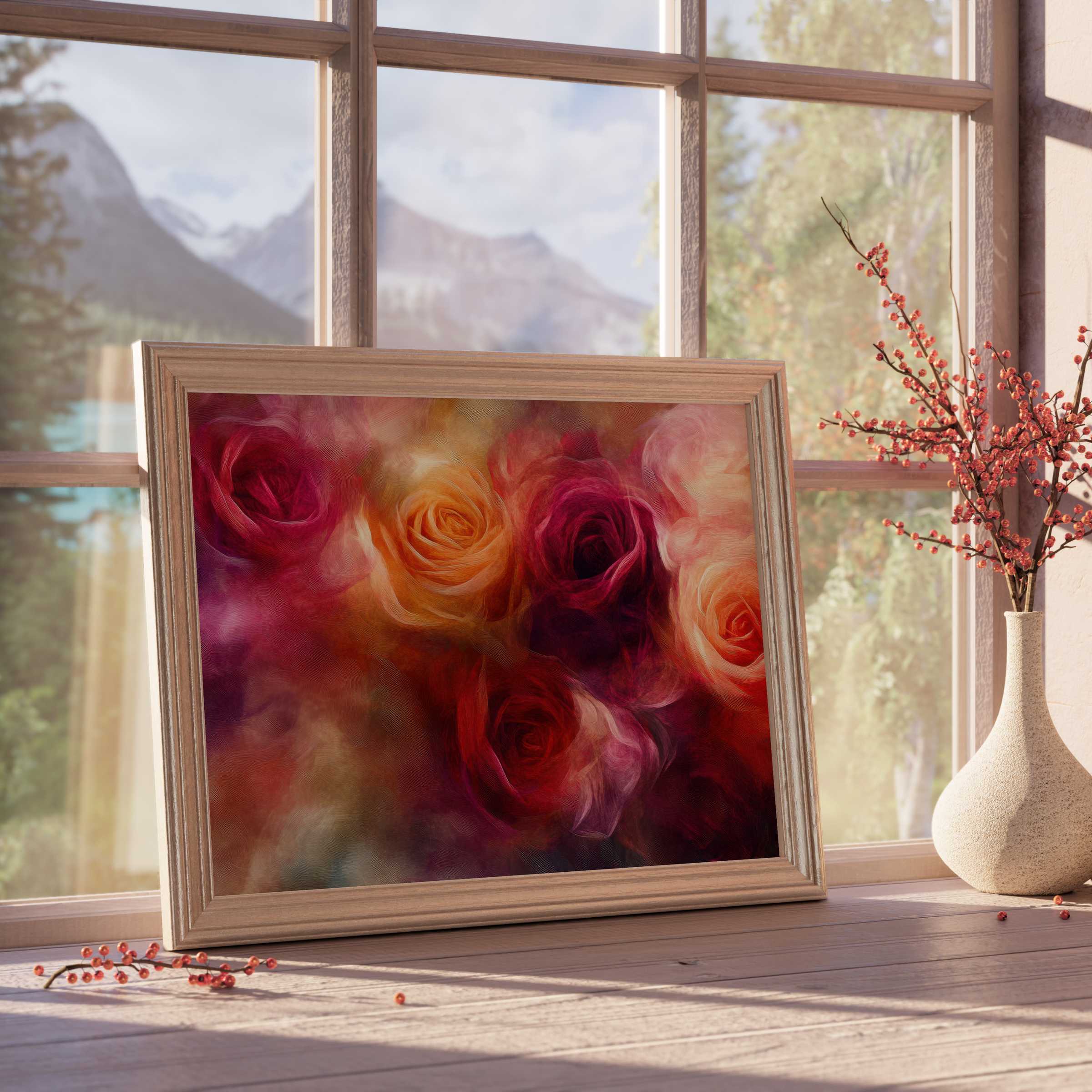 Lush floral downloadable art capturing velvety roses in warm amber and ruby hues, elevating serene, curated interiors with timeless elegance