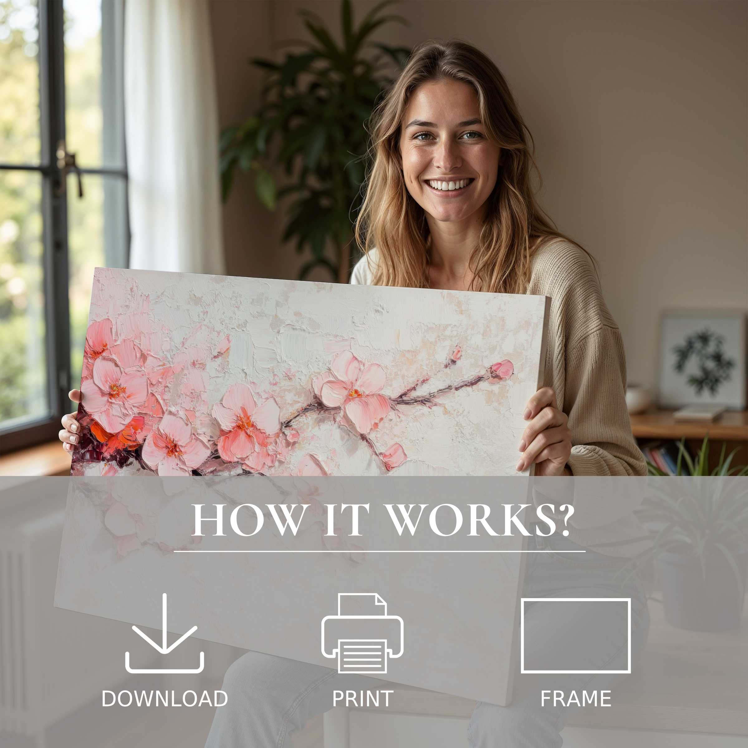 Radiant spring digital art print brightens a serene modern home, evoking joy and effortless elegance in living with art