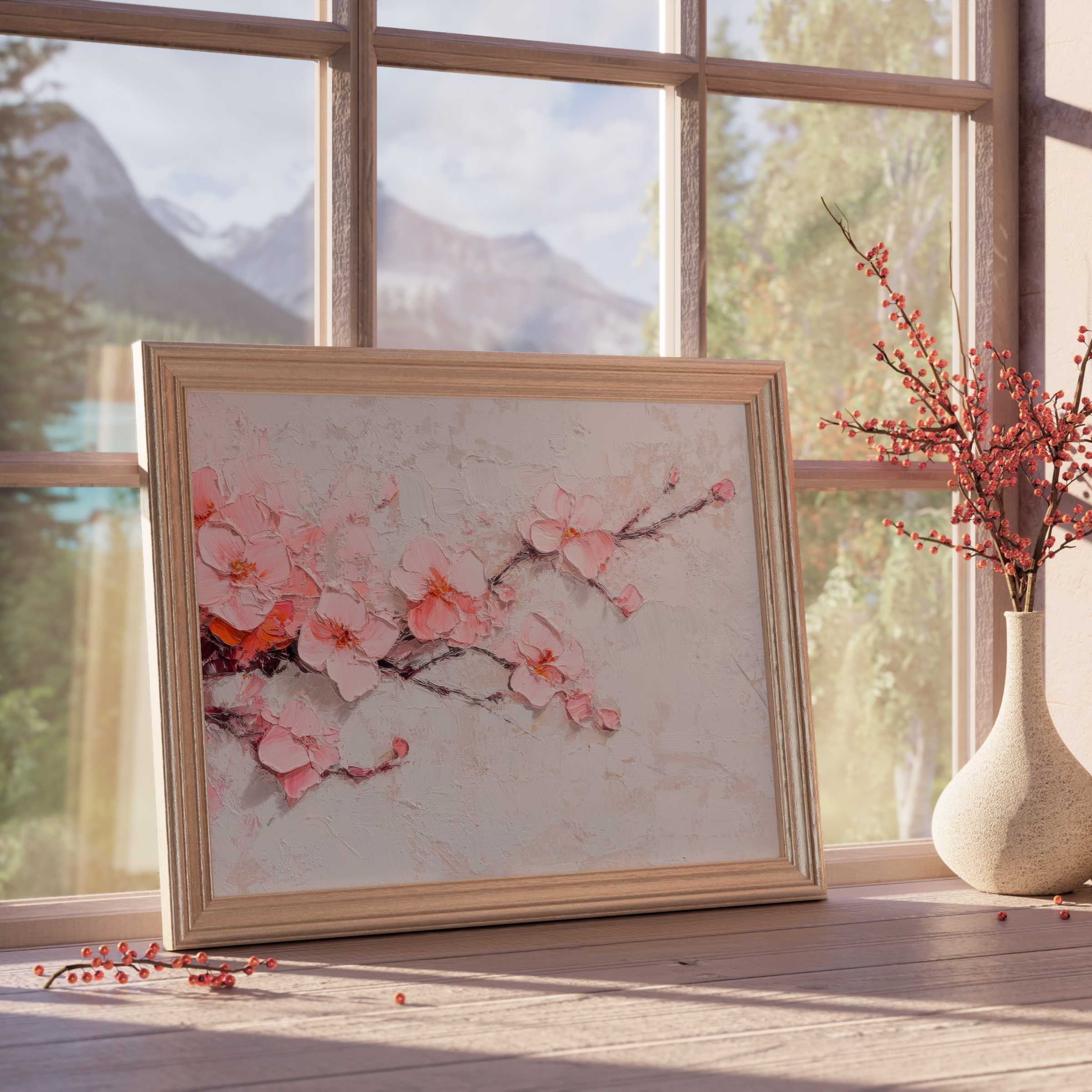 Elegant spring downloadable art featuring delicate pink blossoms in textured brushstrokes, enriching serene, curated interiors