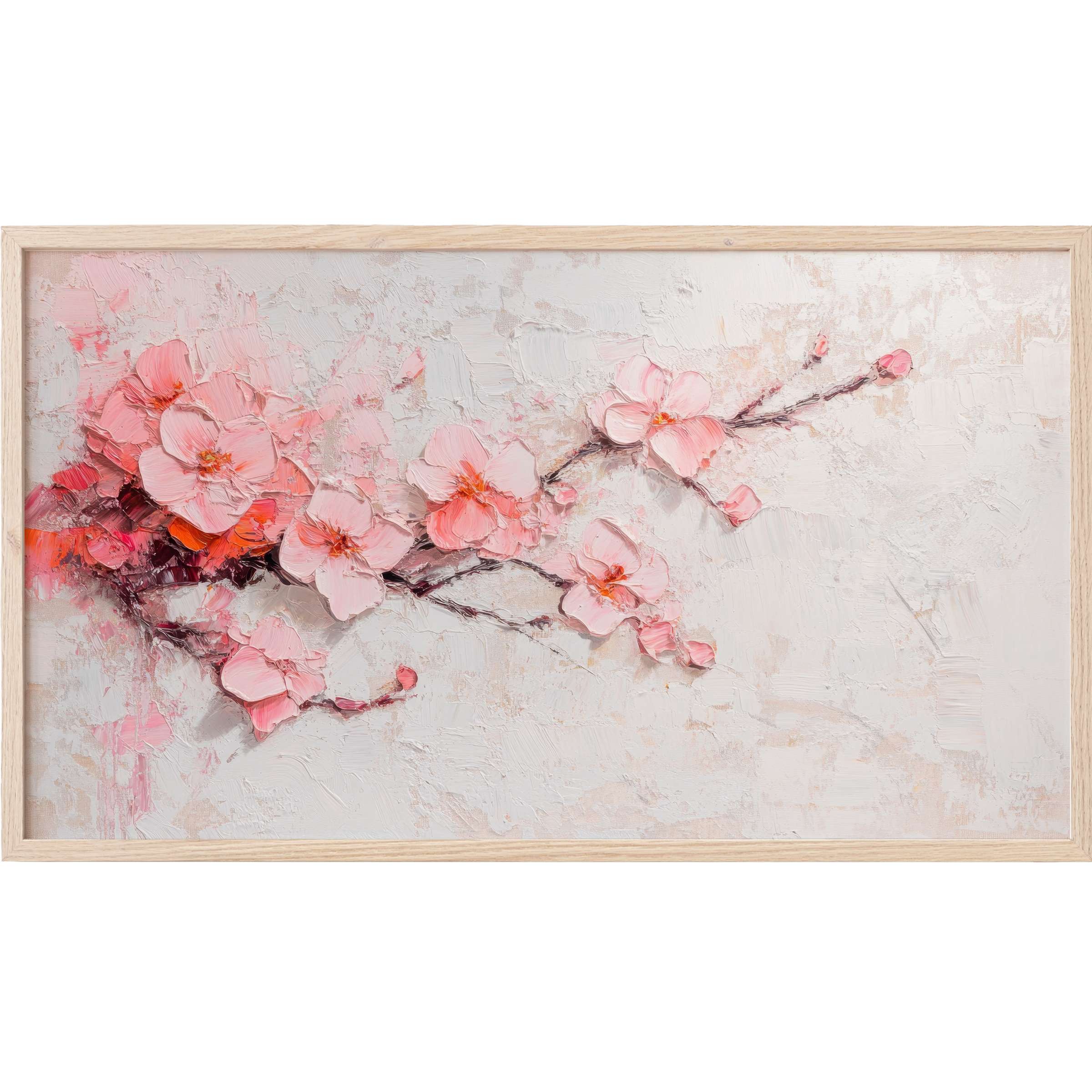 Elegant spring Frame TV Art with textured pink blossoms on soft, neutral background in a modern, impressionistic style