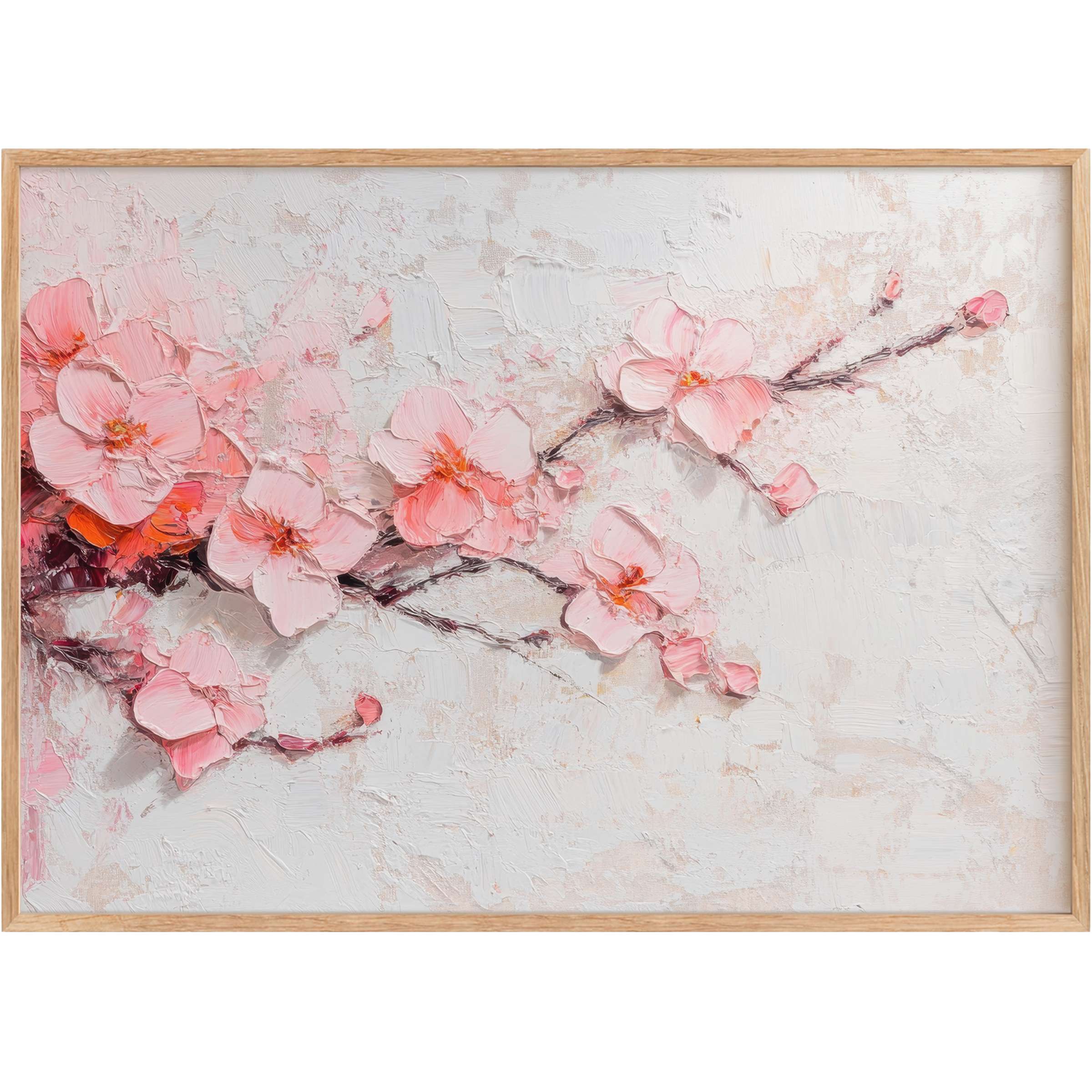 Delicate pink blooms on textured branches evoke a serene, radiant mood, perfect as refined spring printable wall art