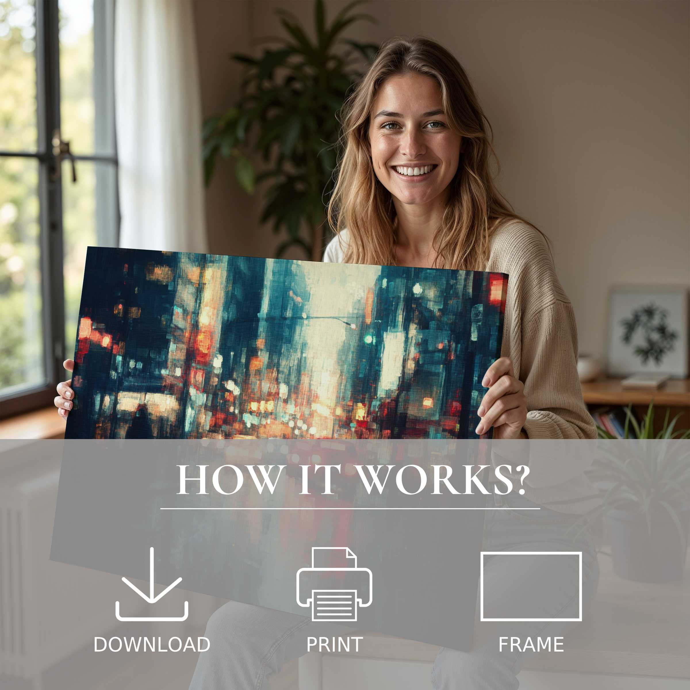 A radiant moment of connection as a woman embraces the warmth of urban digital art print, transforming her modern sanctuary with vibrant light and effortless elegance