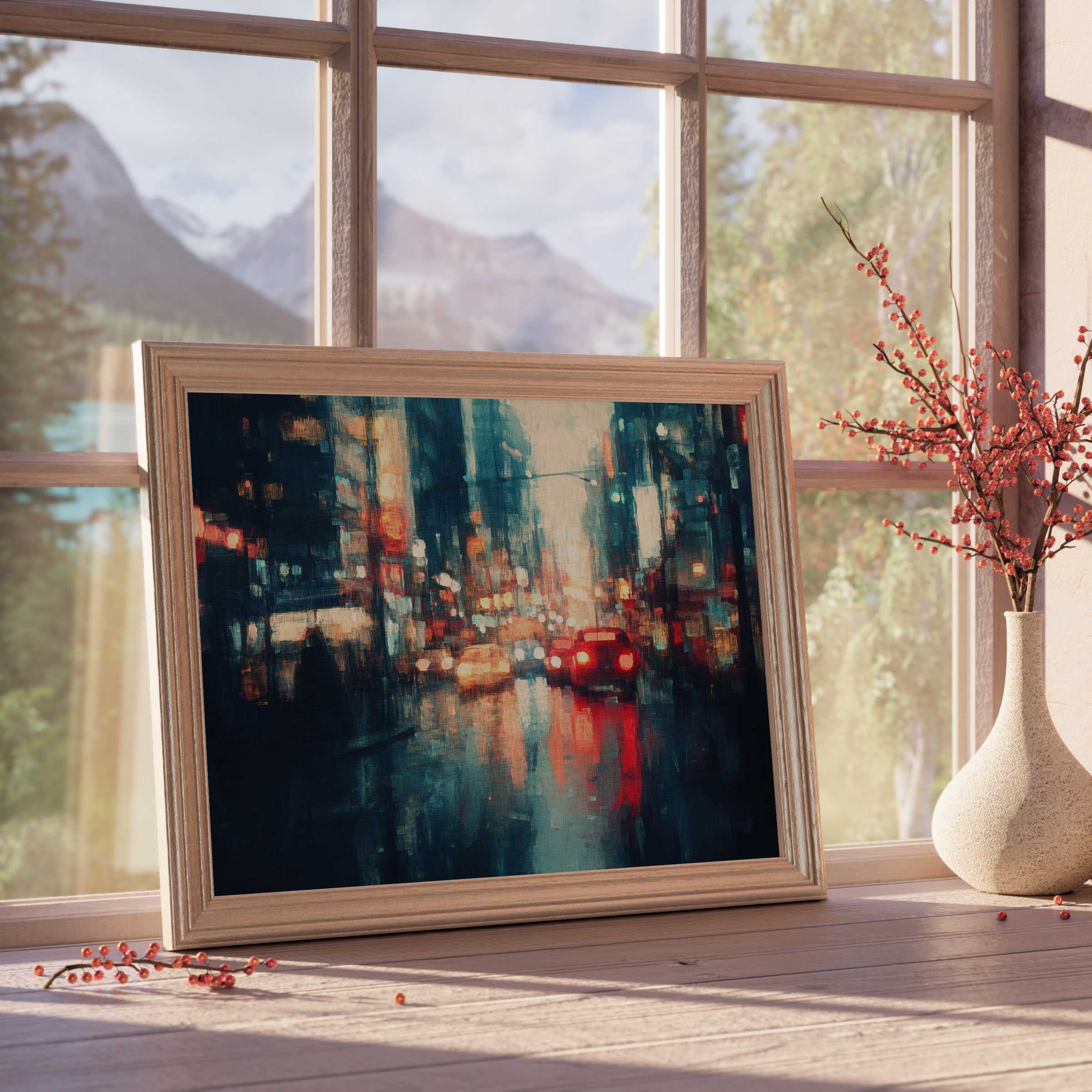 Urban downloadable art capturing a rainy cityscape with vibrant lights and dynamic reflections, ideal for calm, curated modern interiors