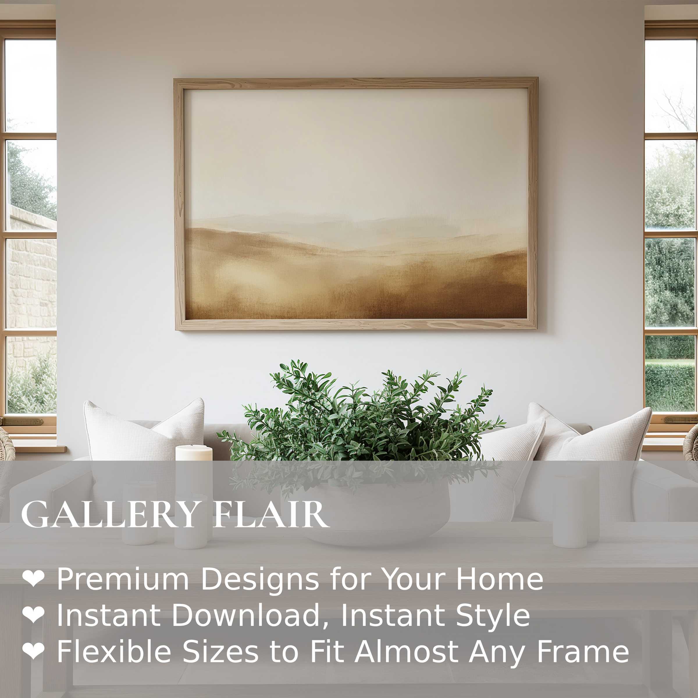 Serene landscape wall art print in soft earth tones, enhancing modern, minimalist living spaces with calming, natural elegance
