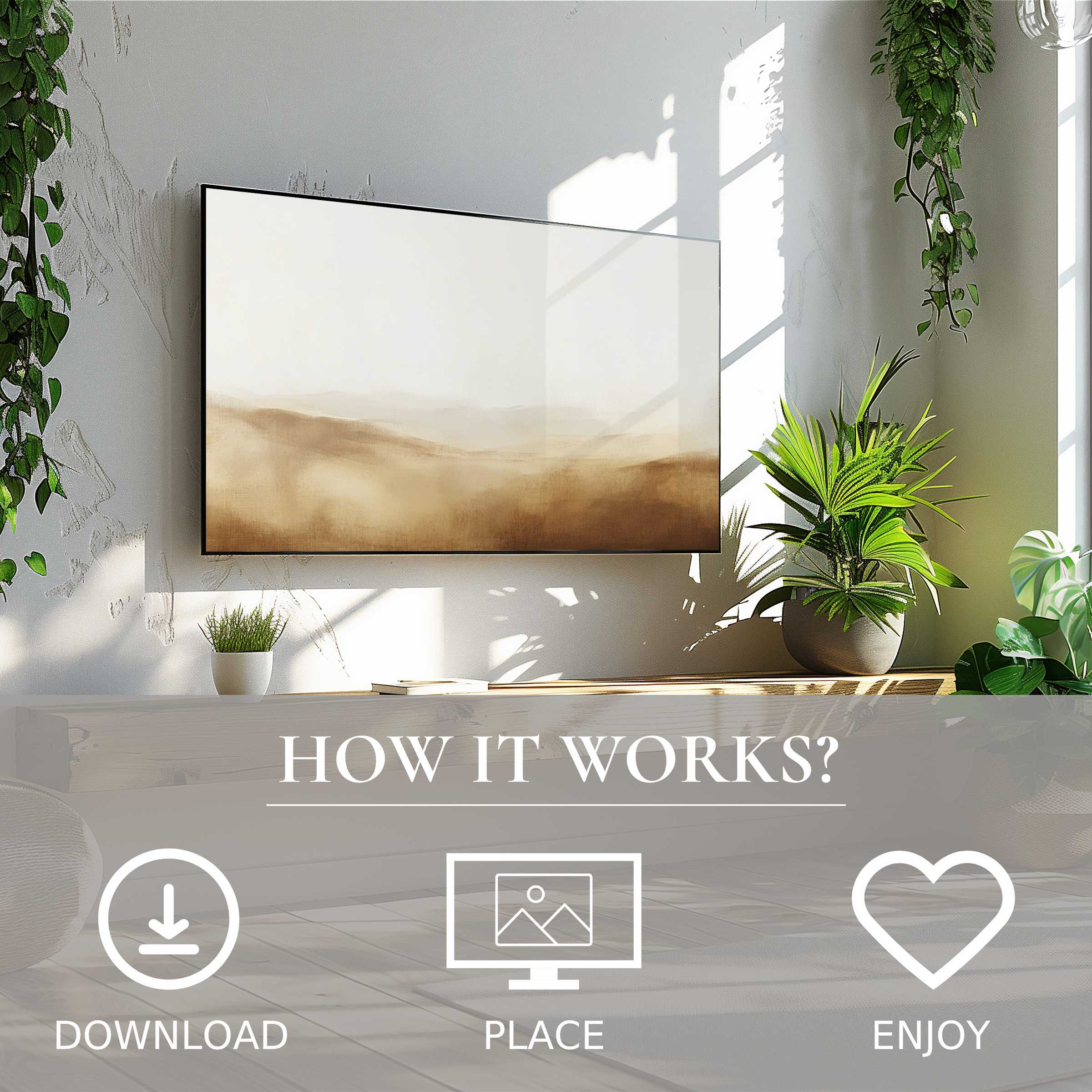 Modern living room with landscape art for Samsung TV, featuring soft sunset tones, easy digital download for stylish decor