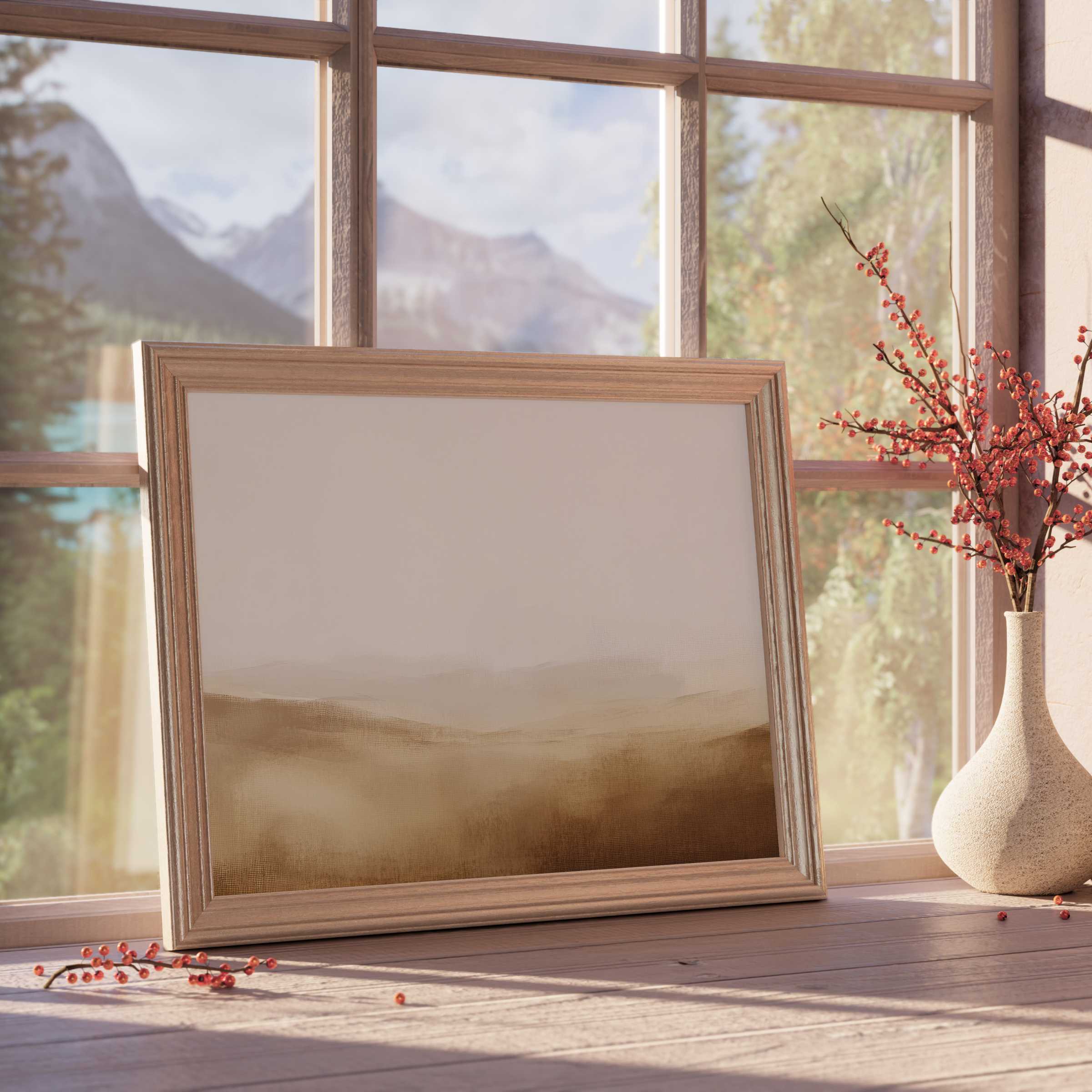 Serene landscape downloadable art in muted earth tones, enriching curated interiors with calming warmth and refined natural elegance