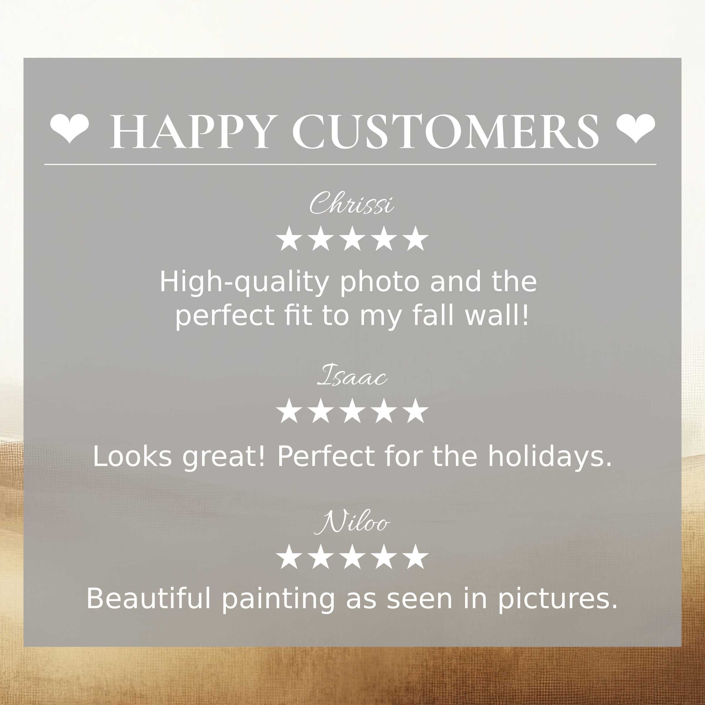 Trustworthy layout with abstract warm hues highlights happy customer reviews and elegant landscape art for Frame TV