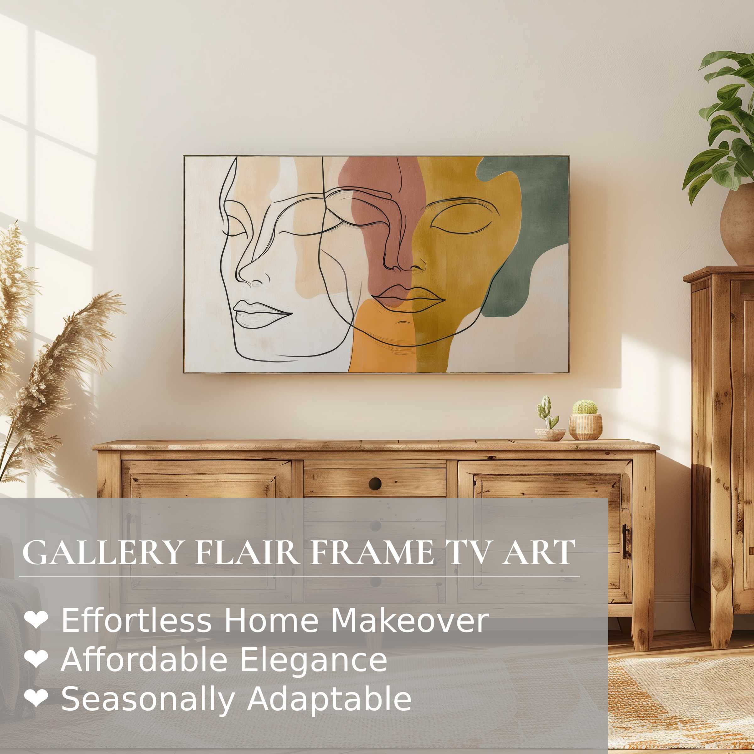 Samsung Frame TV displaying minimalist digital artwork of abstract faces in warm tones in a serene living room