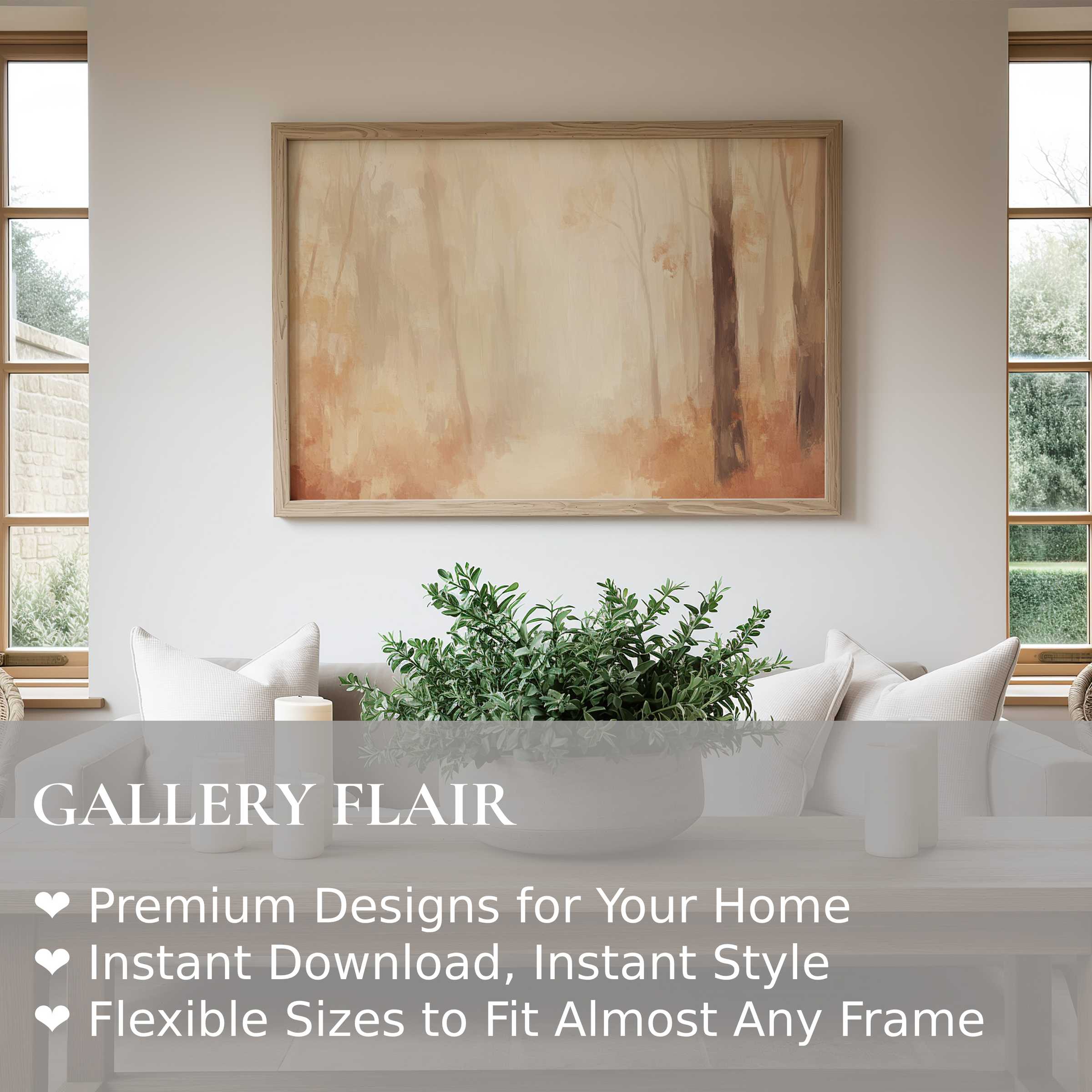 Fall wall art print with soft, radiant autumn forest hues, elevating modern minimal interiors with warm, calming elegance