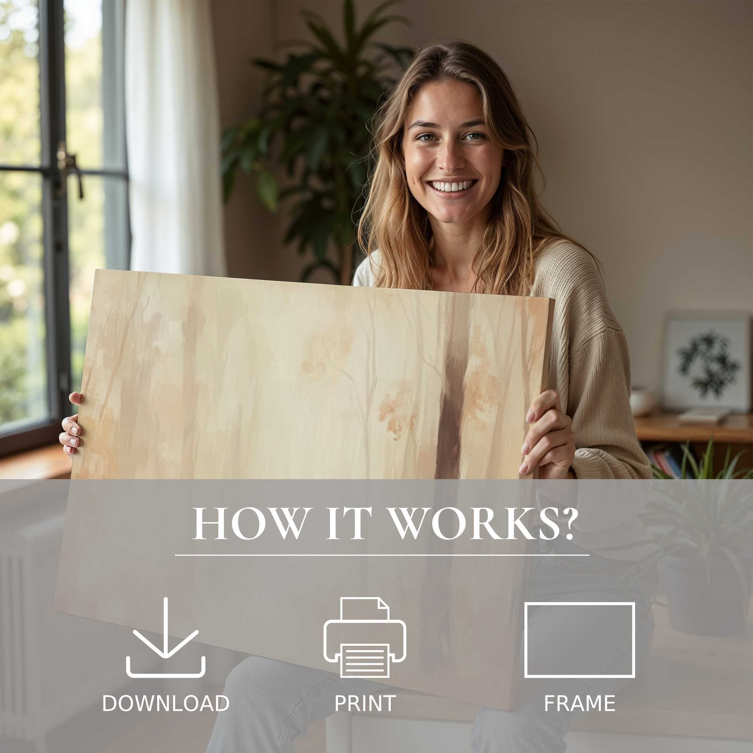 Warm fall digital art print radiates gentle earth tones, bringing serene joy and effortless elegance to modern living spaces