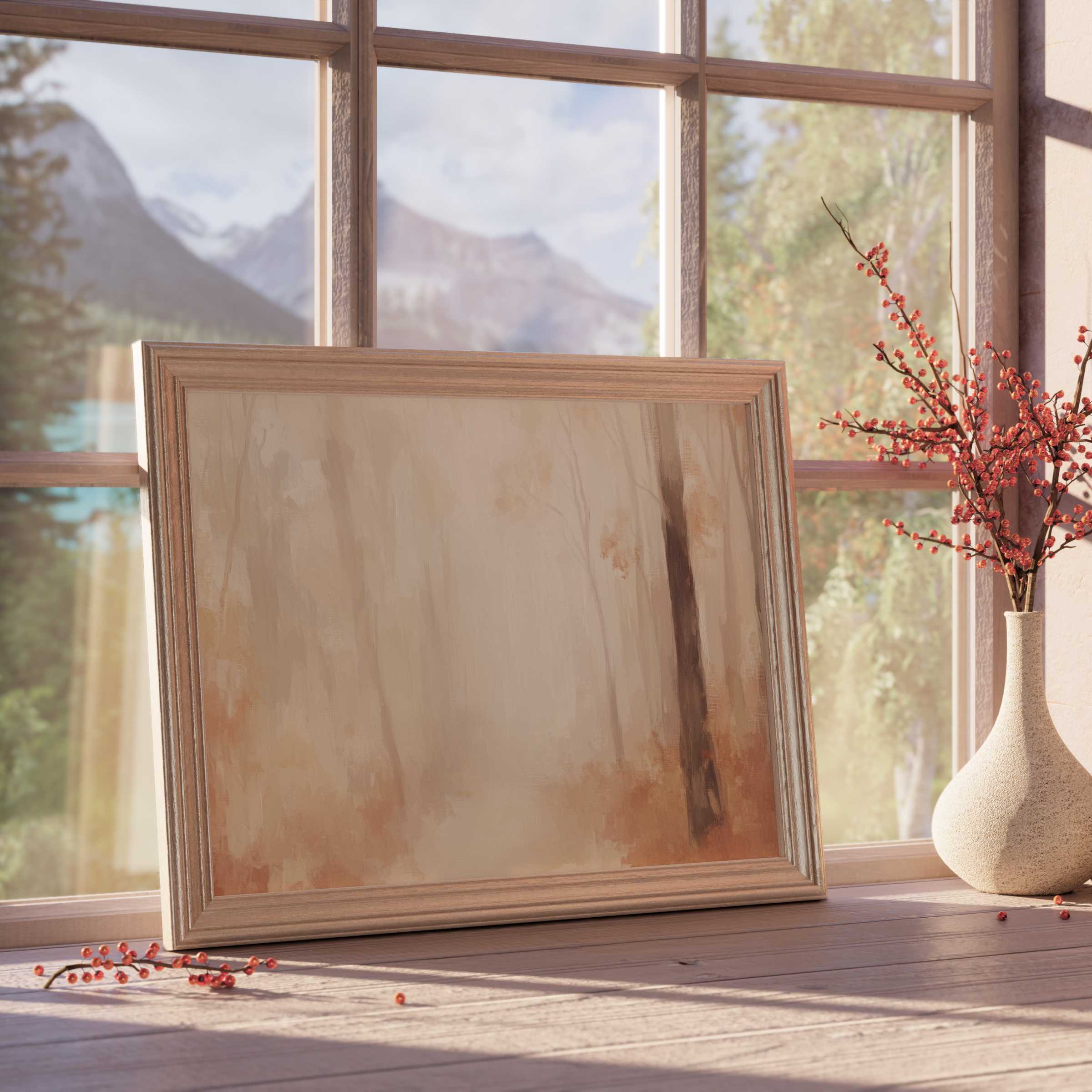 Fall downloadable art in warm, muted hues evokes tranquil woodland serenity, perfect for curated, elegant interiors