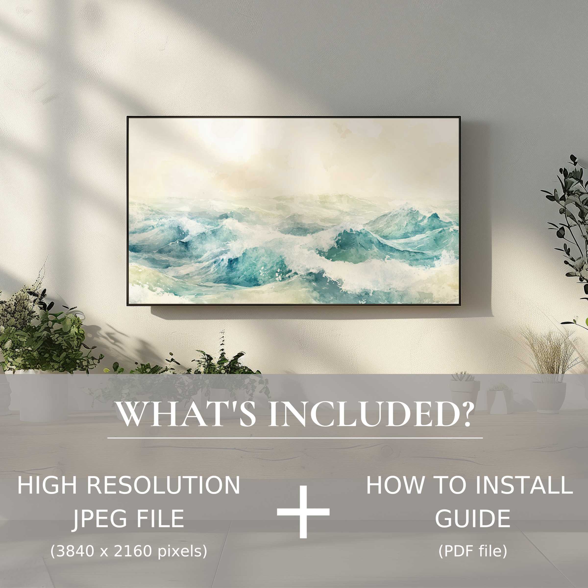 Elegant summer digital TV art download, easy to use, enhances modern living spaces with calming ocean waves