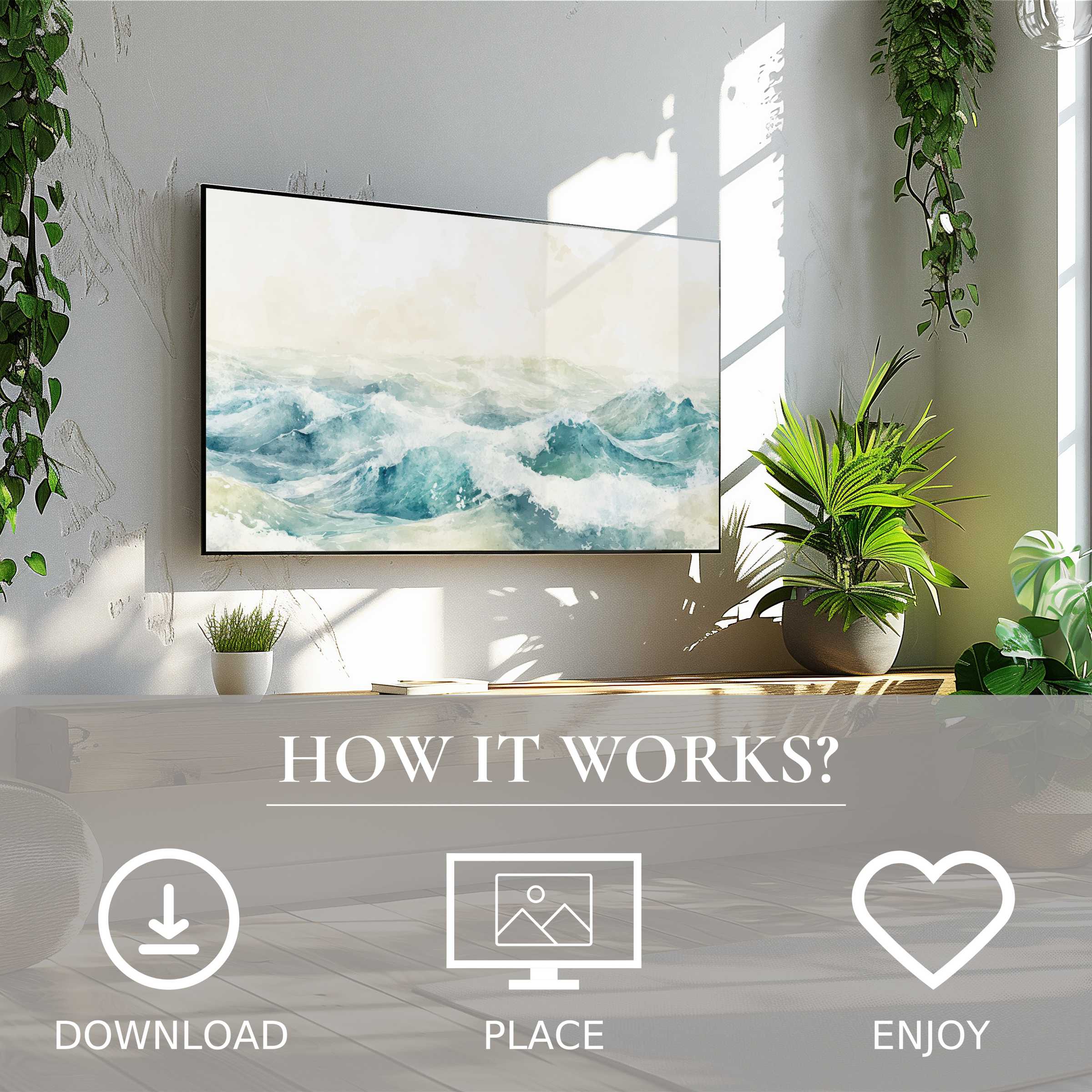 Summer art for Samsung TV shows soft ocean waves in blue tones, easy digital download enriches bright, plant-filled living spaces