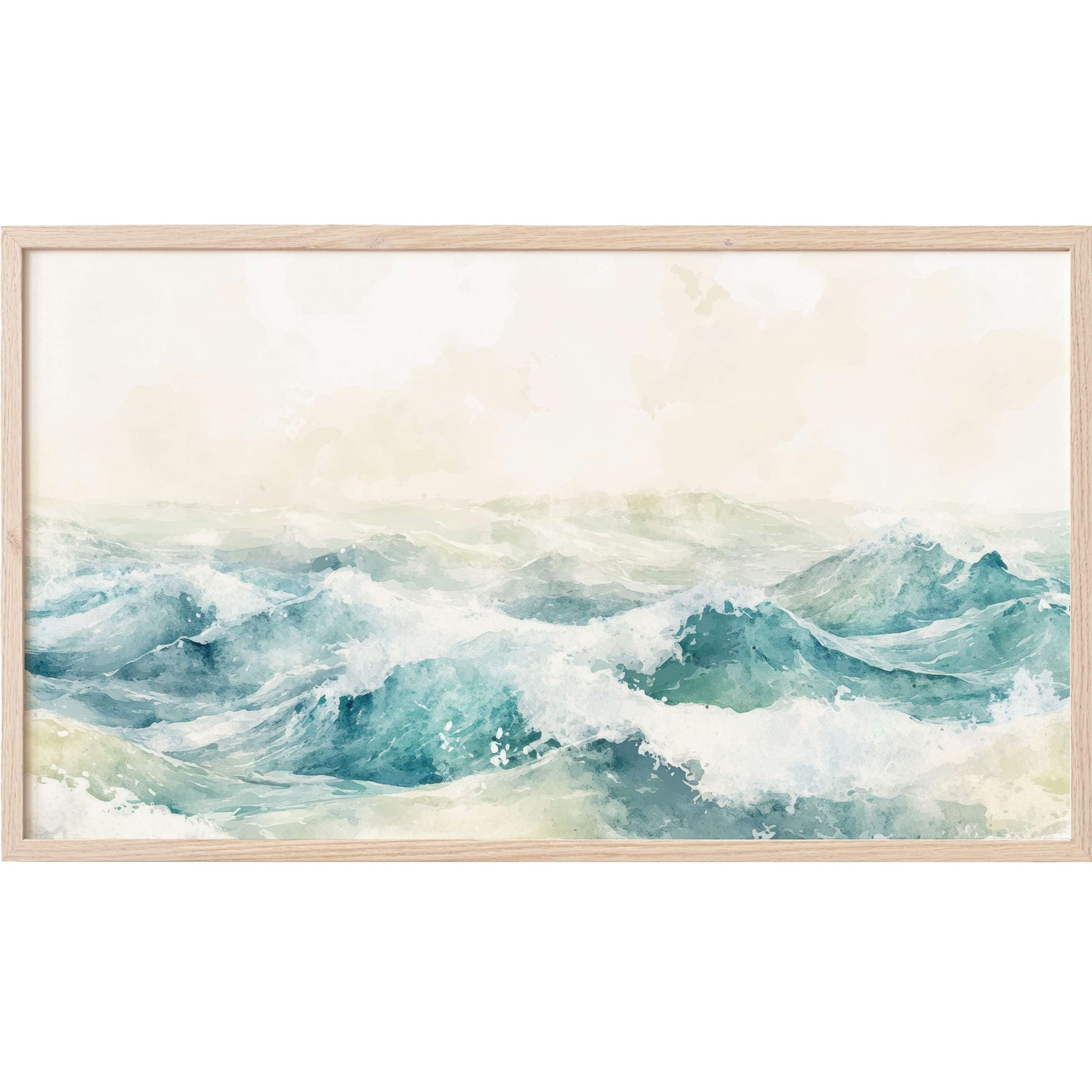 Elegant watercolor seascape in soft blues and greens with gentle waves, a refined summer Frame TV Art