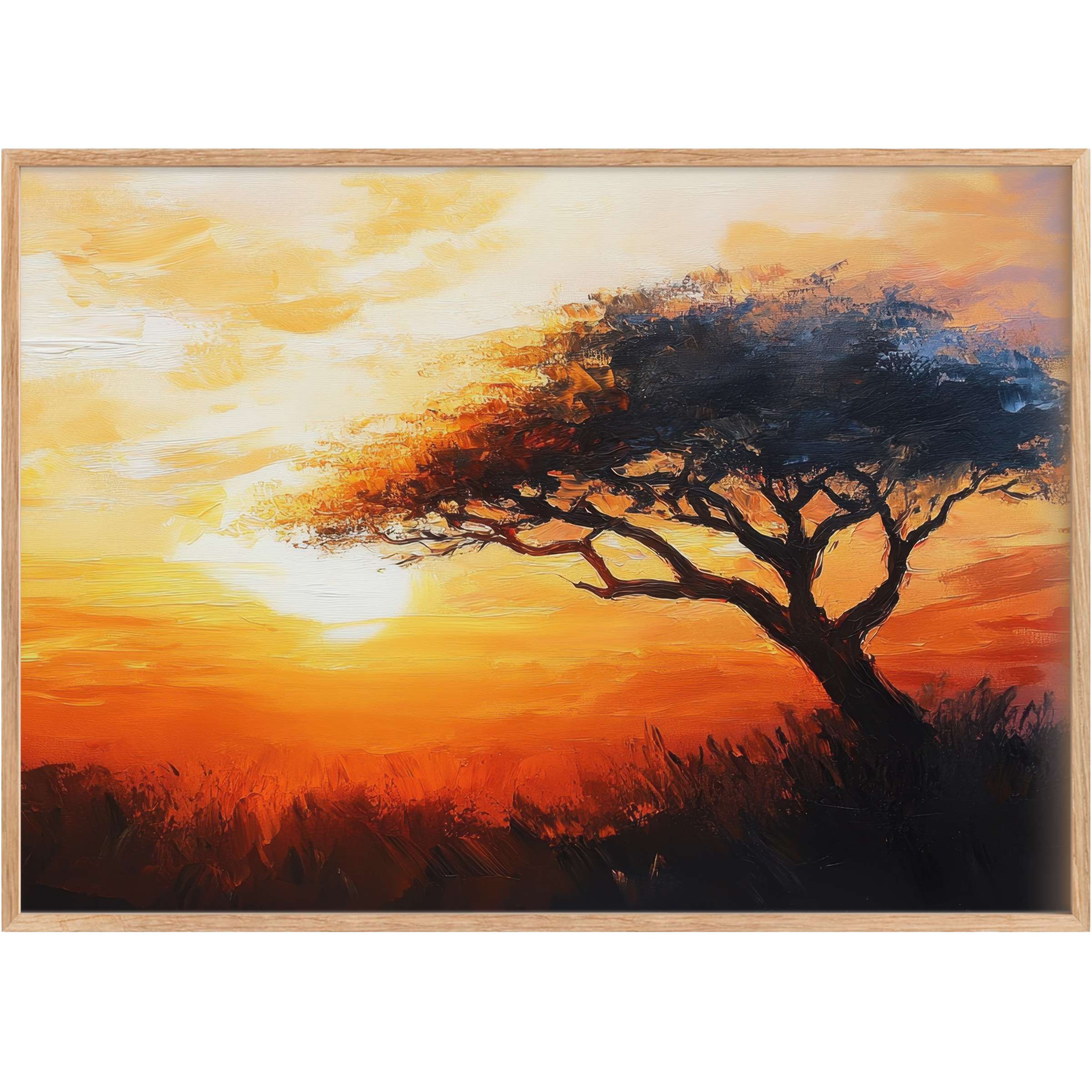 Tree printable wall art with radiant sunset hues, evoking warmth and tranquil elegance for sophisticated interiors