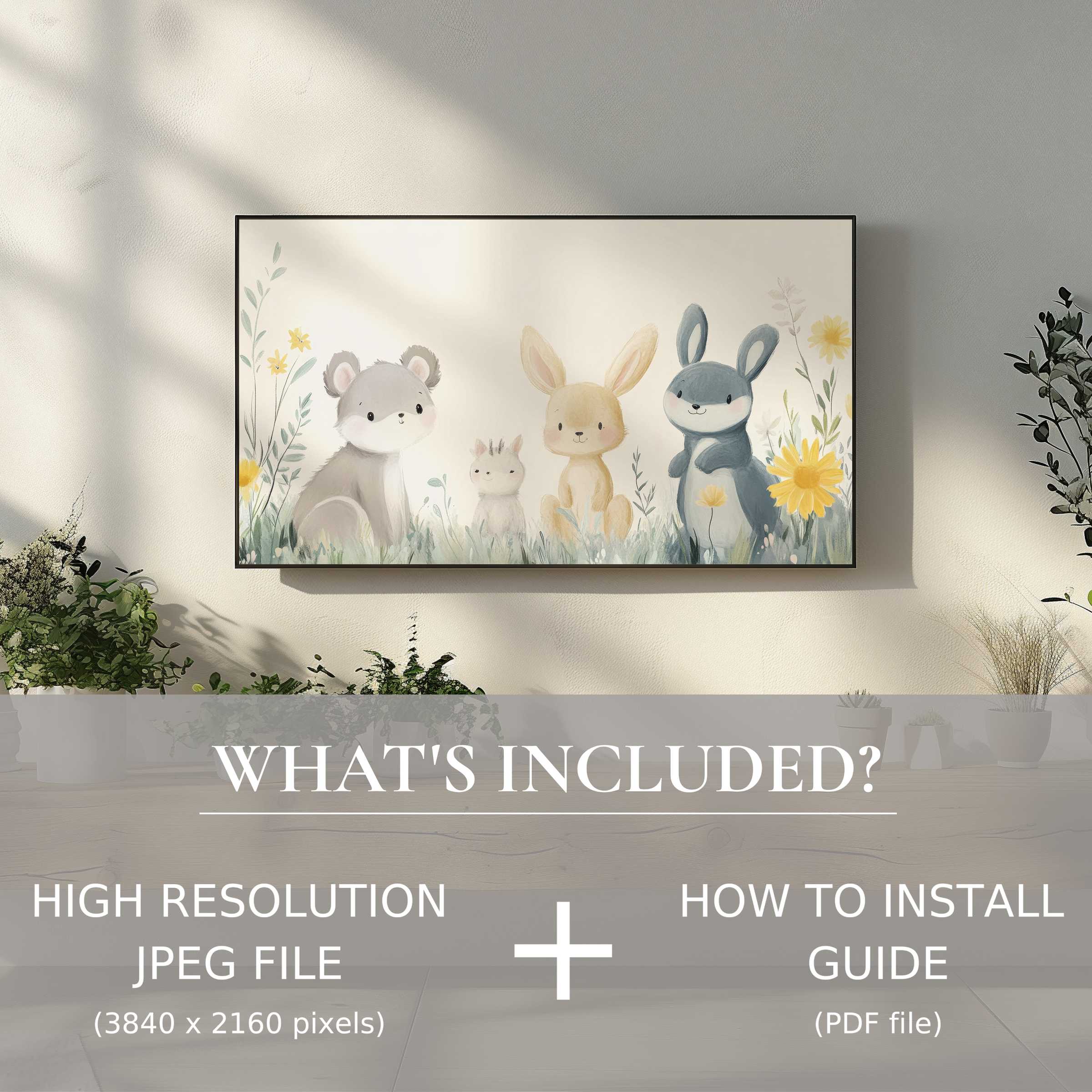 Elegant nursery digital TV art download featuring charming animals, easily enhancing your living space with stylish digital use