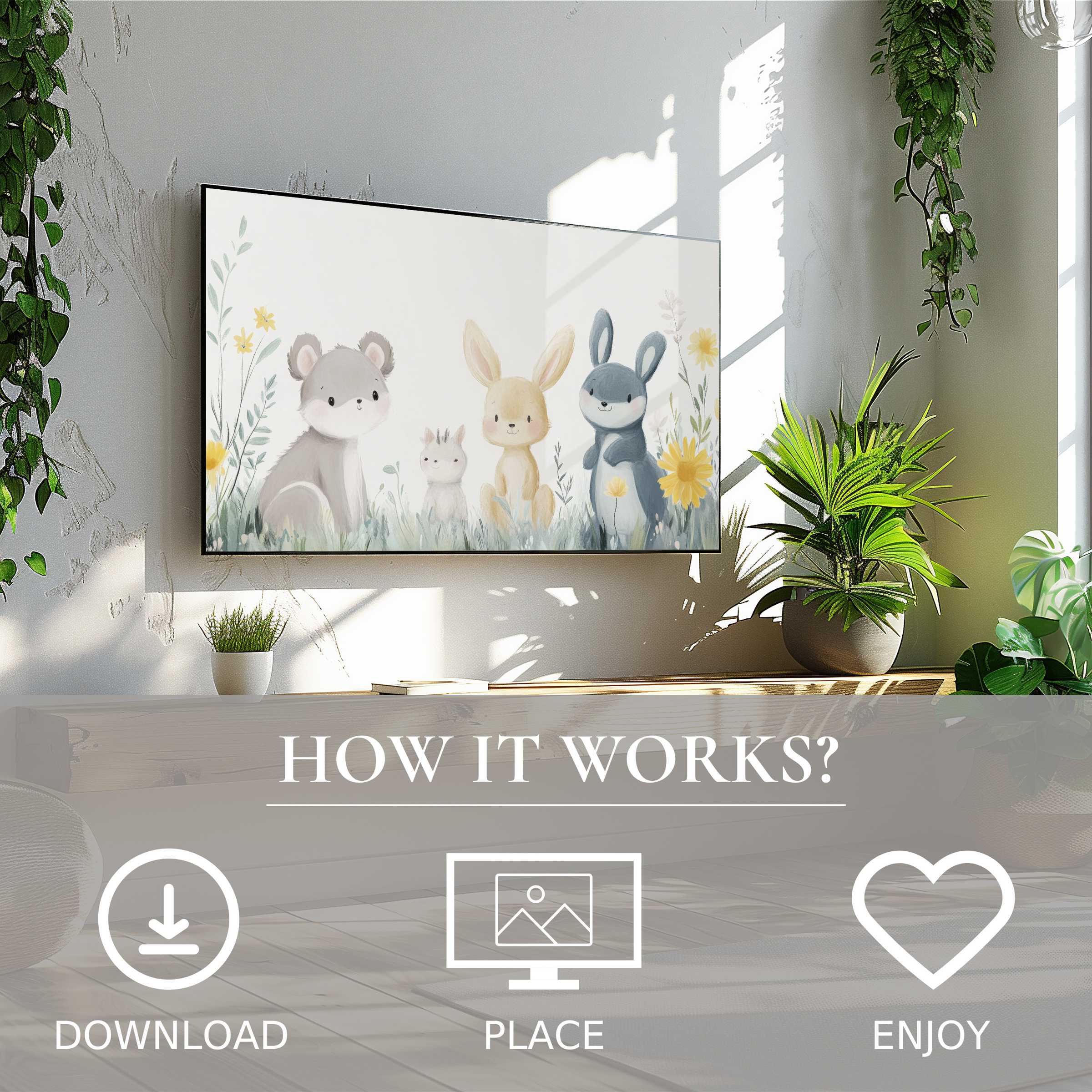 Modern nursery art for Samsung TV with soft pastel woodland animals, easy digital download enriches your space