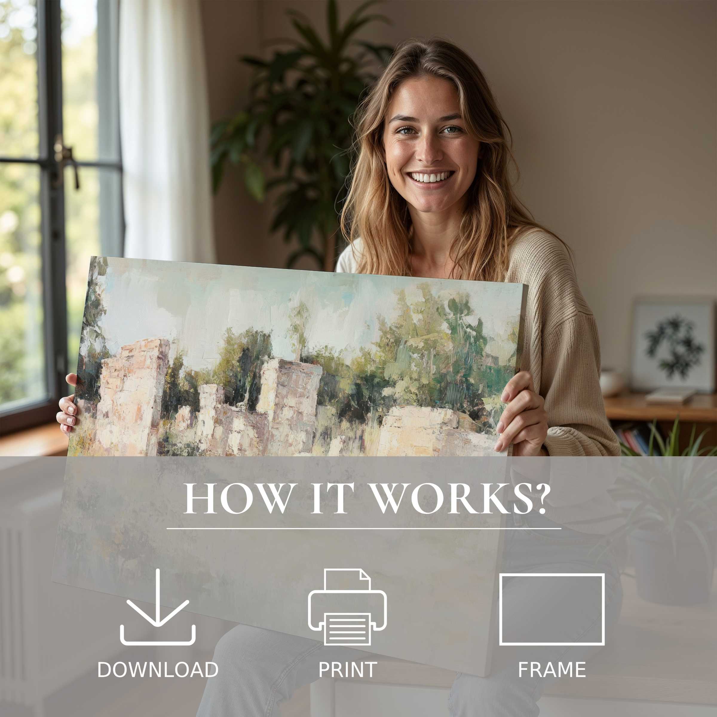 Joyful woman embraces a vintage digital art print in a sunlit, stylish living room, embodying serene artful living