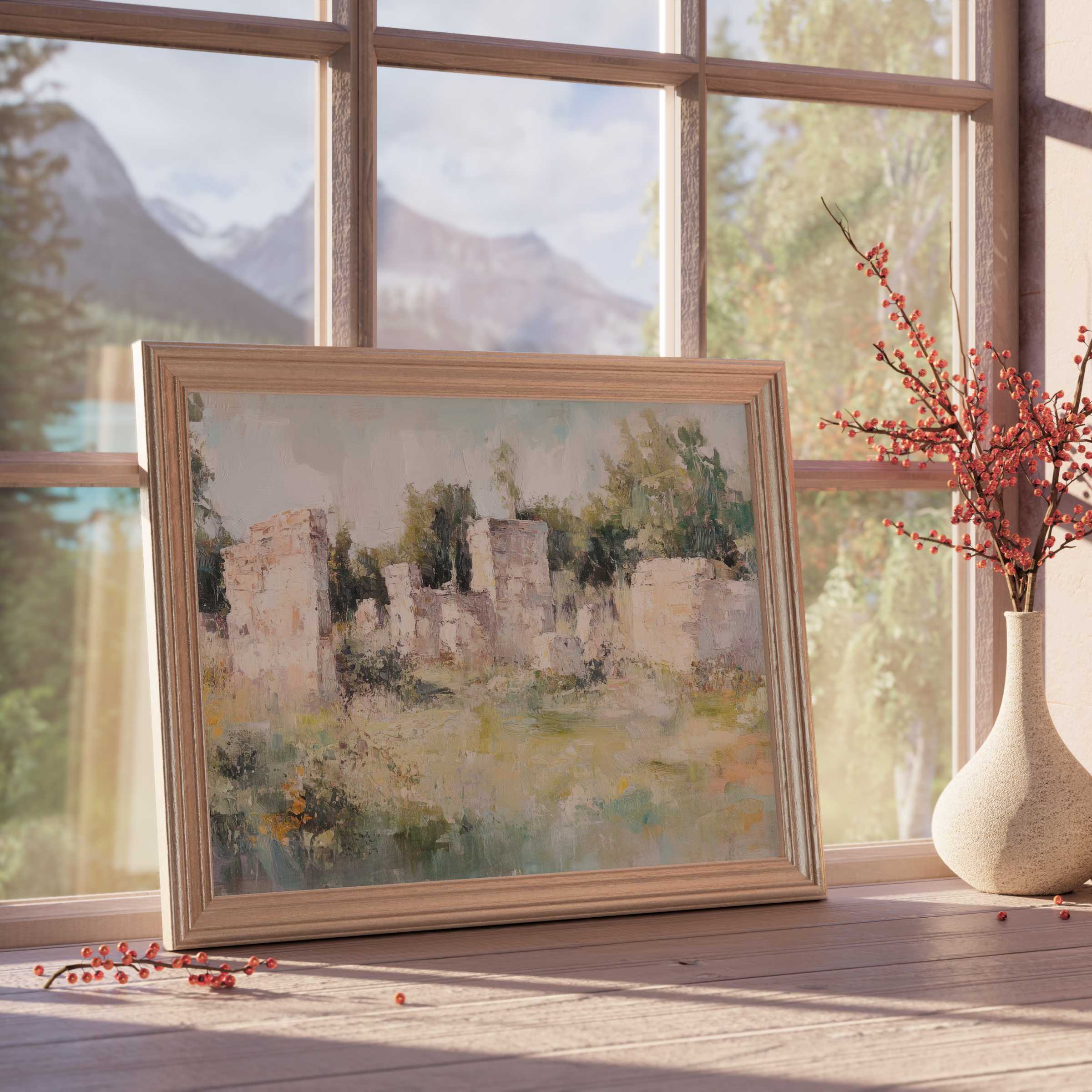 Vintage downloadable art evoking serene rustic ruins, seamlessly enhancing tranquil, sunlit modern interiors with timeless charm