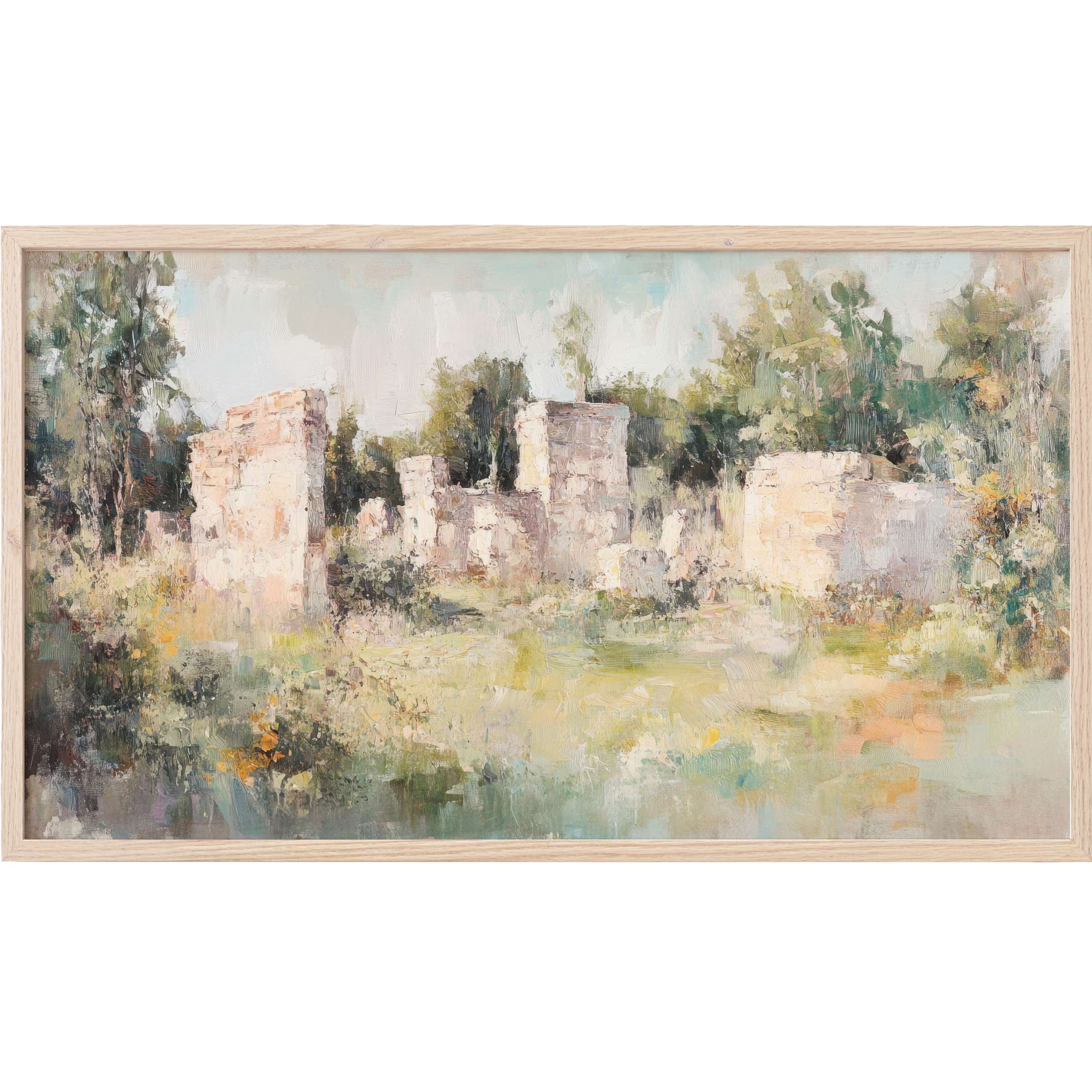 Vintage Frame TV Art depicting soft, impressionistic ruins in pastel greens, creams, and warm earthy tones