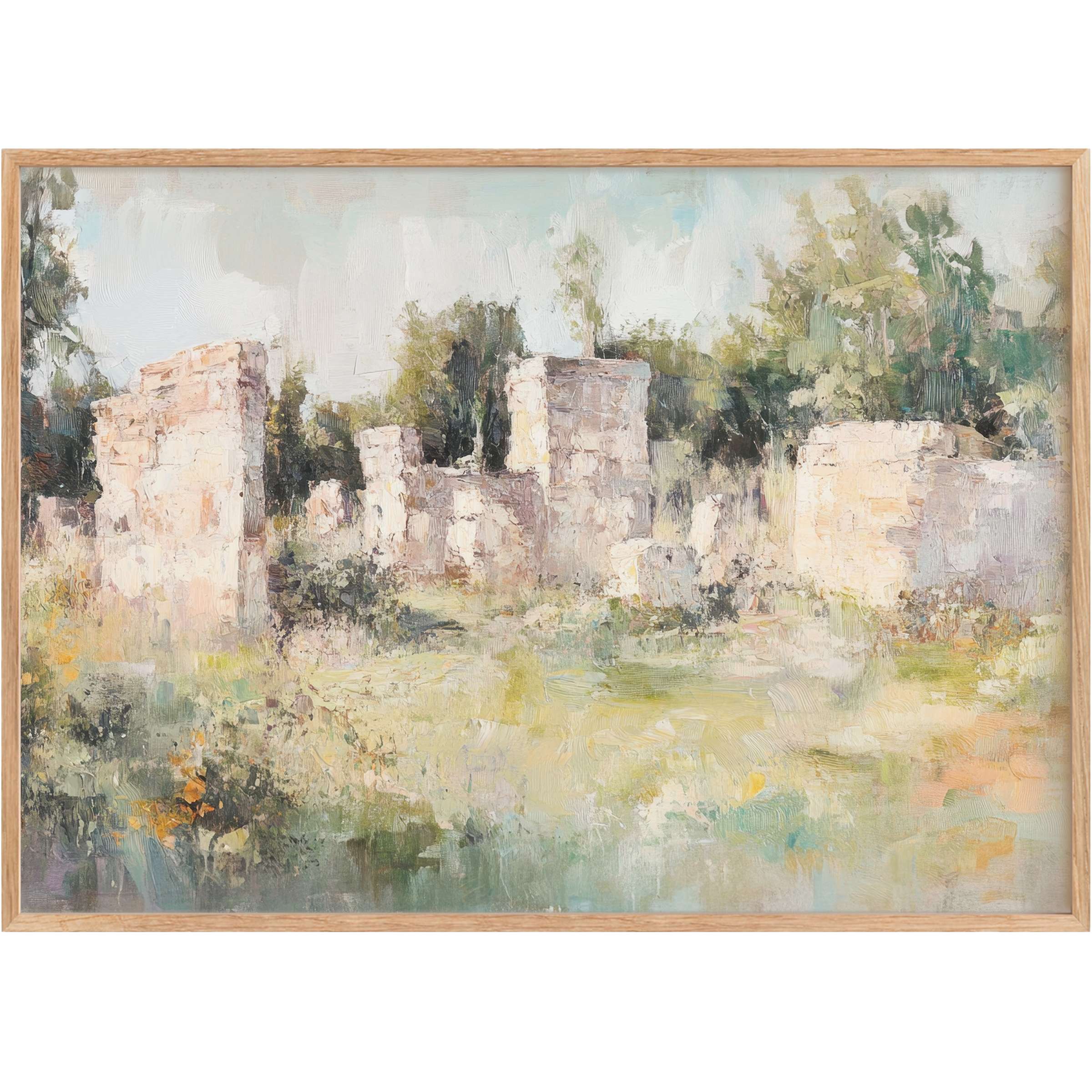 Vintage printable wall art featuring serene ruins in soft pastels and muted greens, evoking a tranquil, timeless ambiance