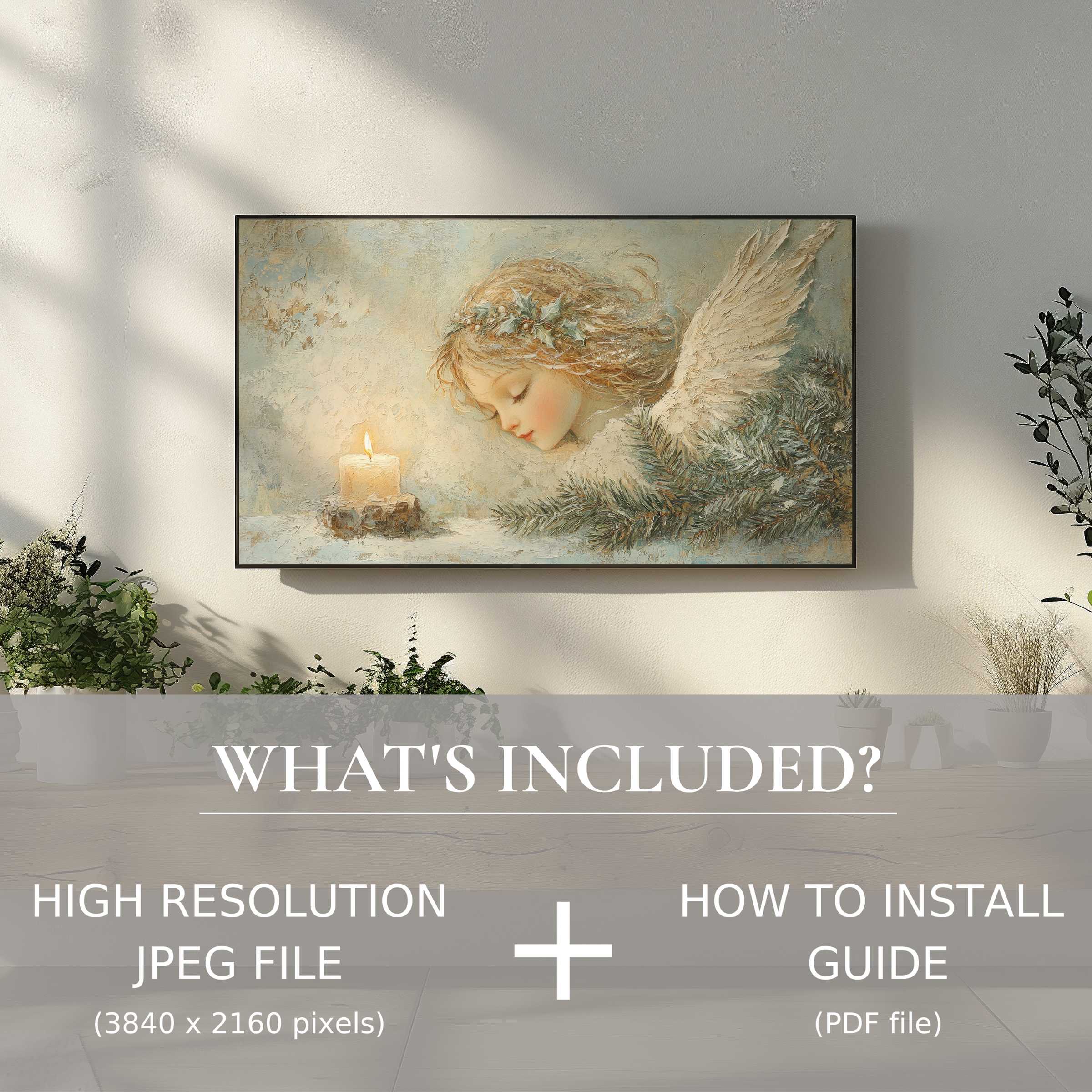 Elegant Christmas digital TV art download featuring serene angel and candle, enhancing living spaces with effortless style