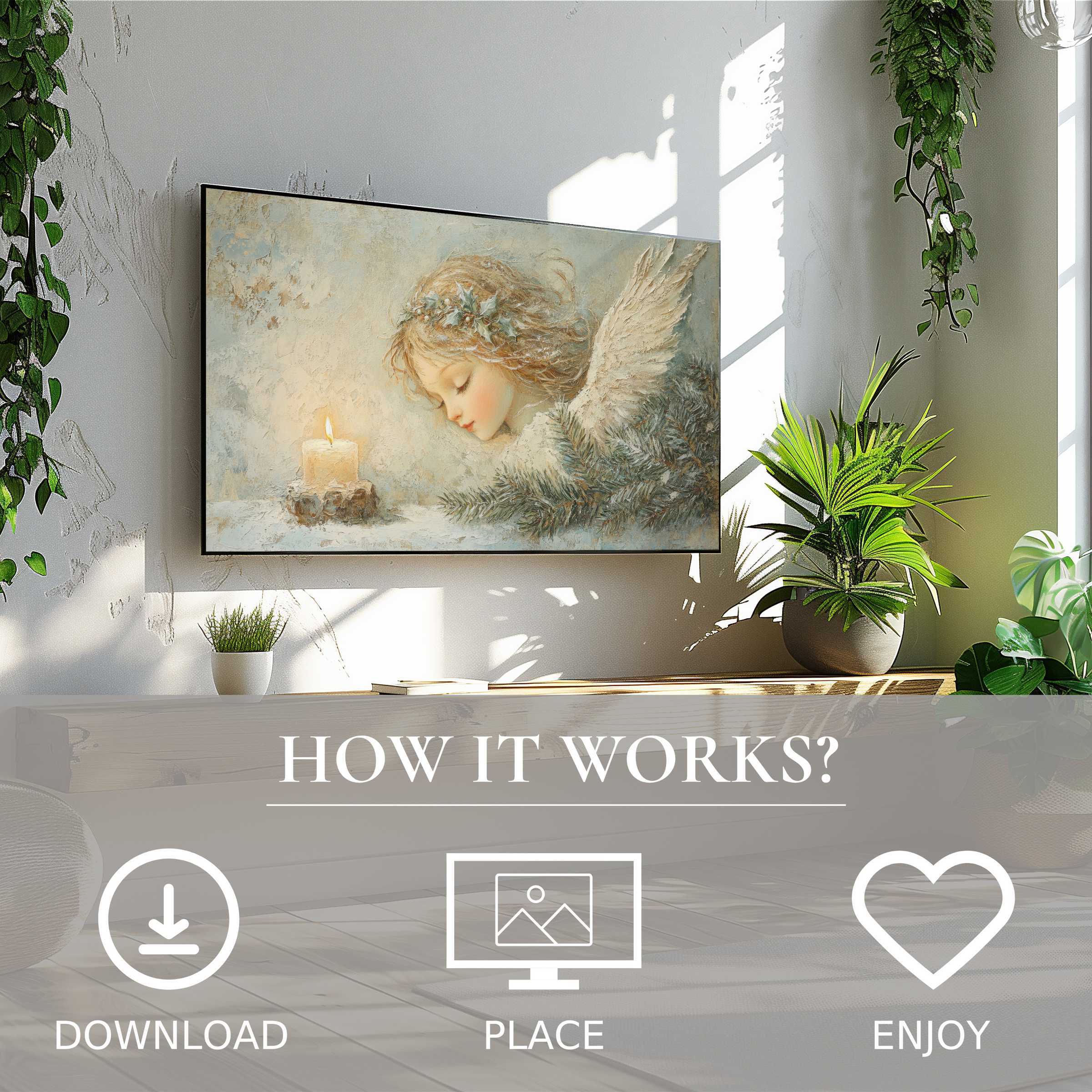 Modern living room with easy digital download; christmas art for Samsung TV shows soft candlelit angel motif