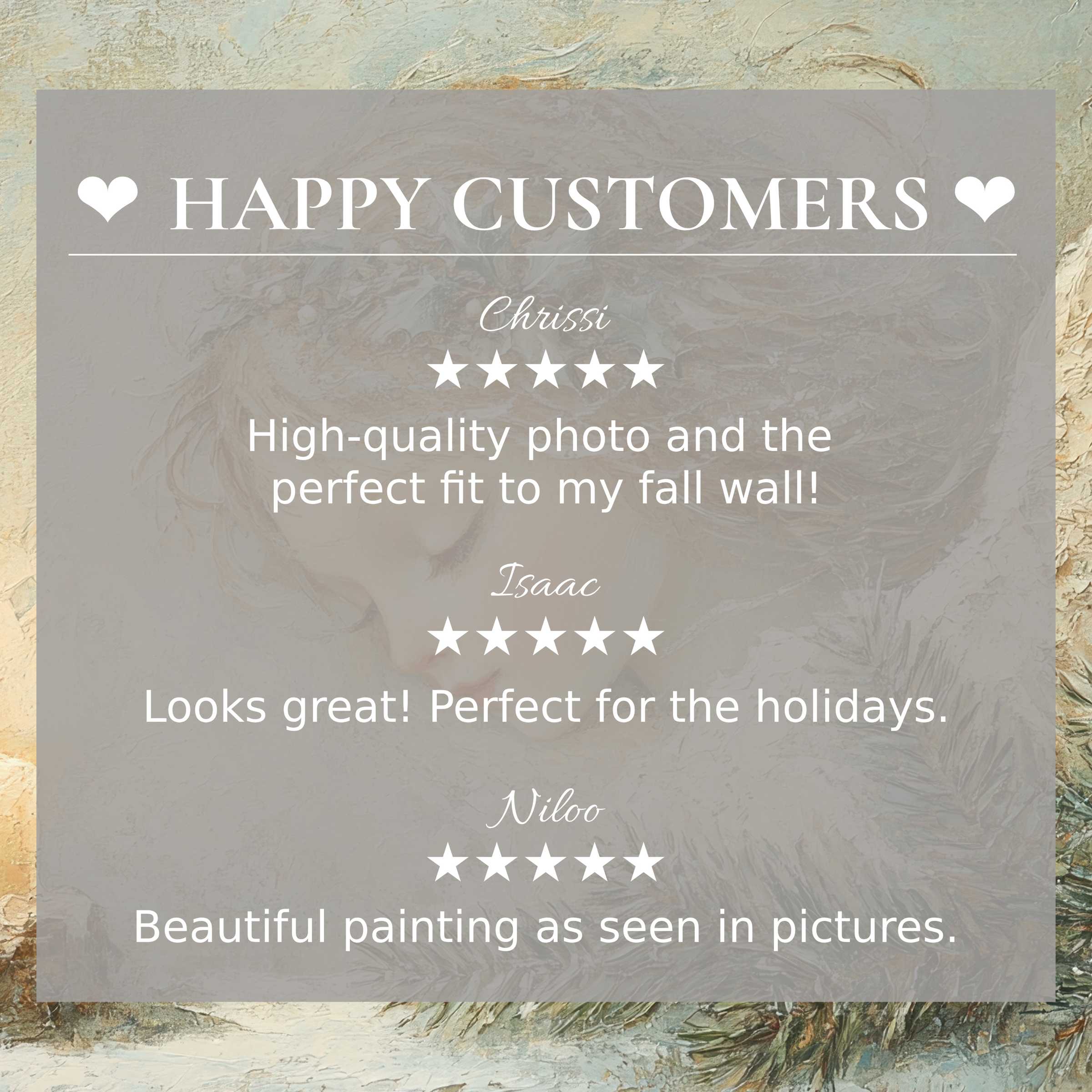 christmas art for Frame TV with elegant abstract earth tones, showcasing happy customer reviews that inspire trust and style