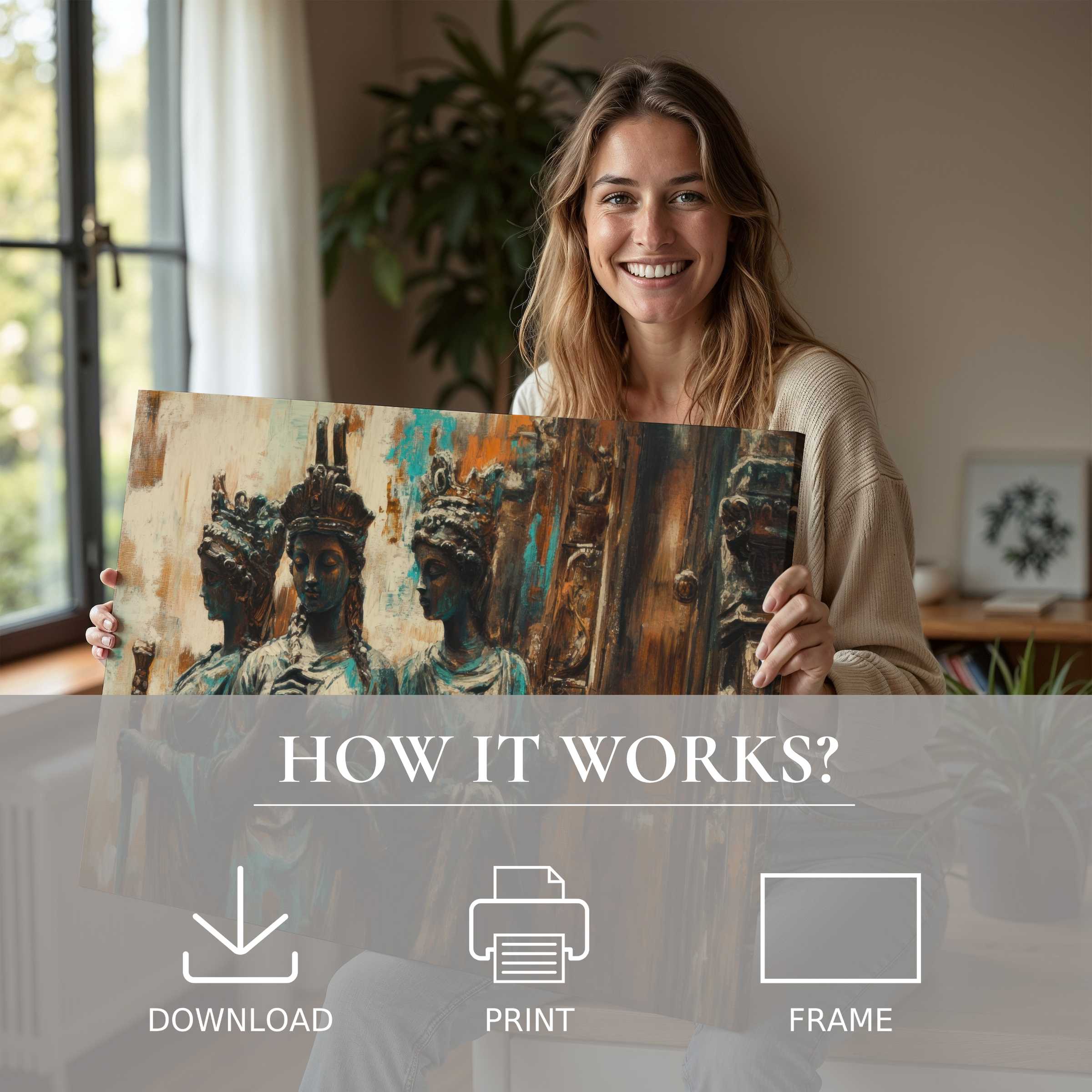 Woman in a modern home joyfully embracing a boho digital art print, embodying the ease of living with inspired abstract art