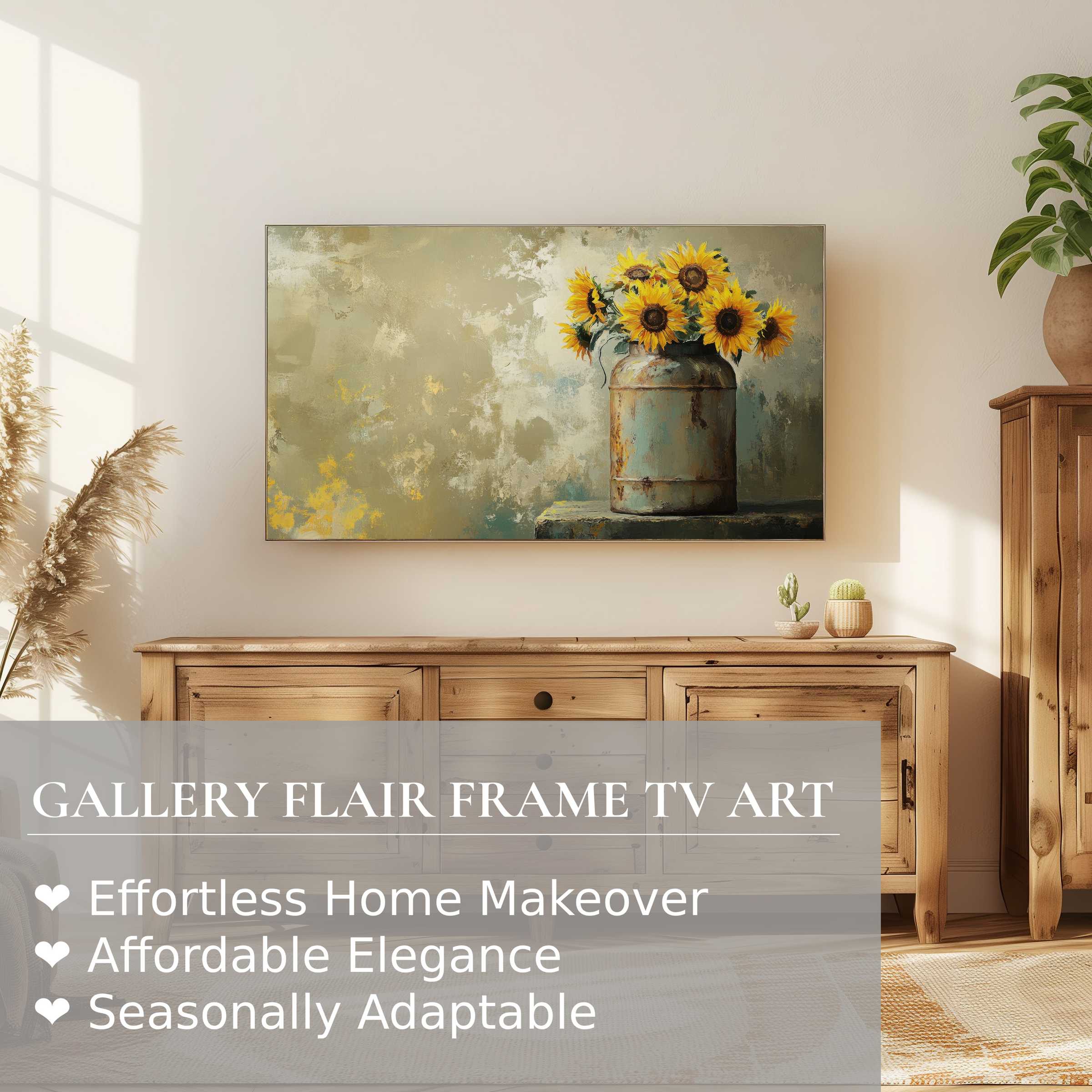 Samsung Frame TV showcases elegant farmhouse digital artwork with sunflowers in rustic vase, perfect for refined decor