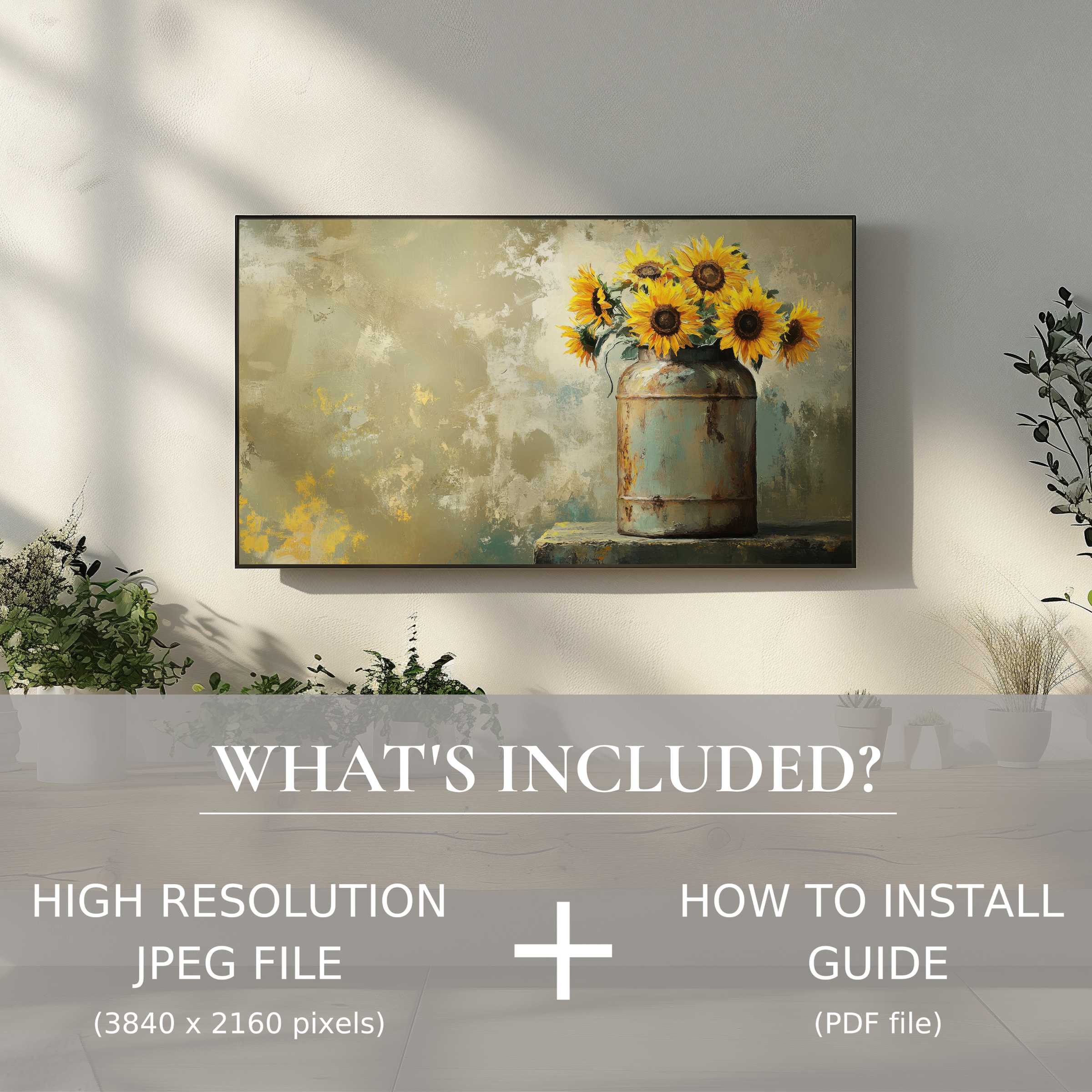 Elegant farmhouse digital TV art download with sunflowers brightens modern living space, easy digital use included