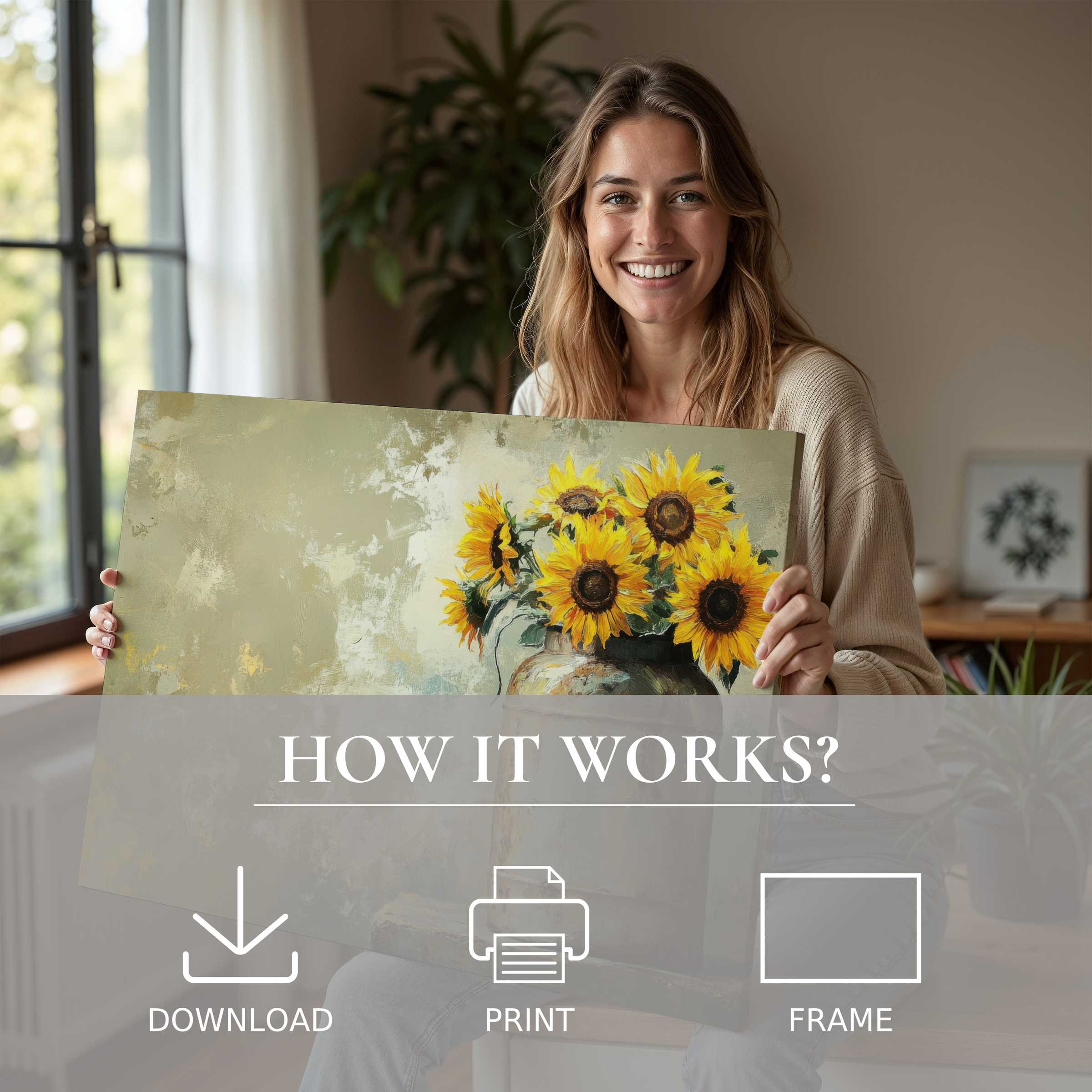 Radiant farmhouse digital art print of sunflowers held with joy in a serene, modern home, enriching everyday living with effortless elegance