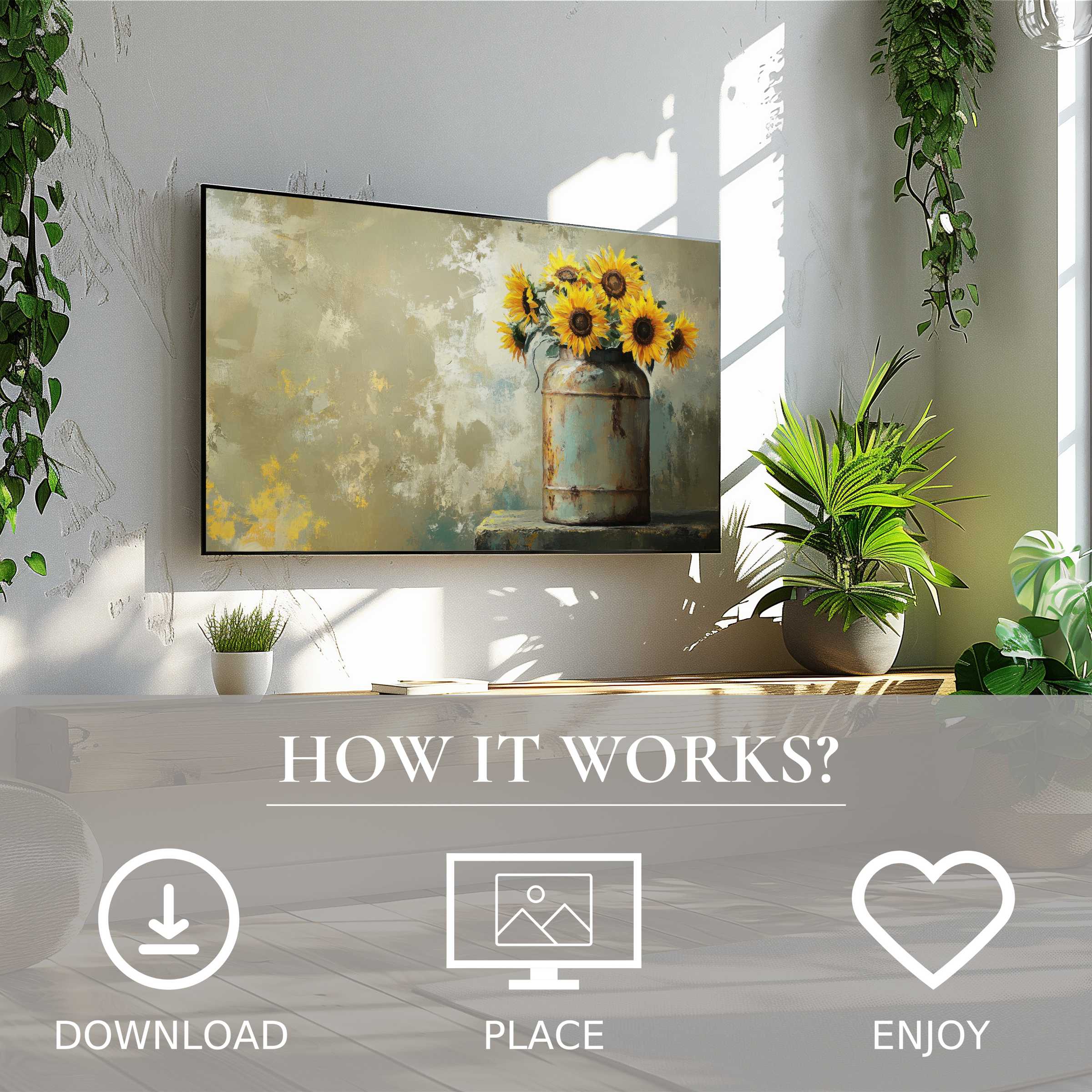 Farmhouse art for Samsung TV with vibrant sunflower motif, easy digital download enriching modern cozy living spaces