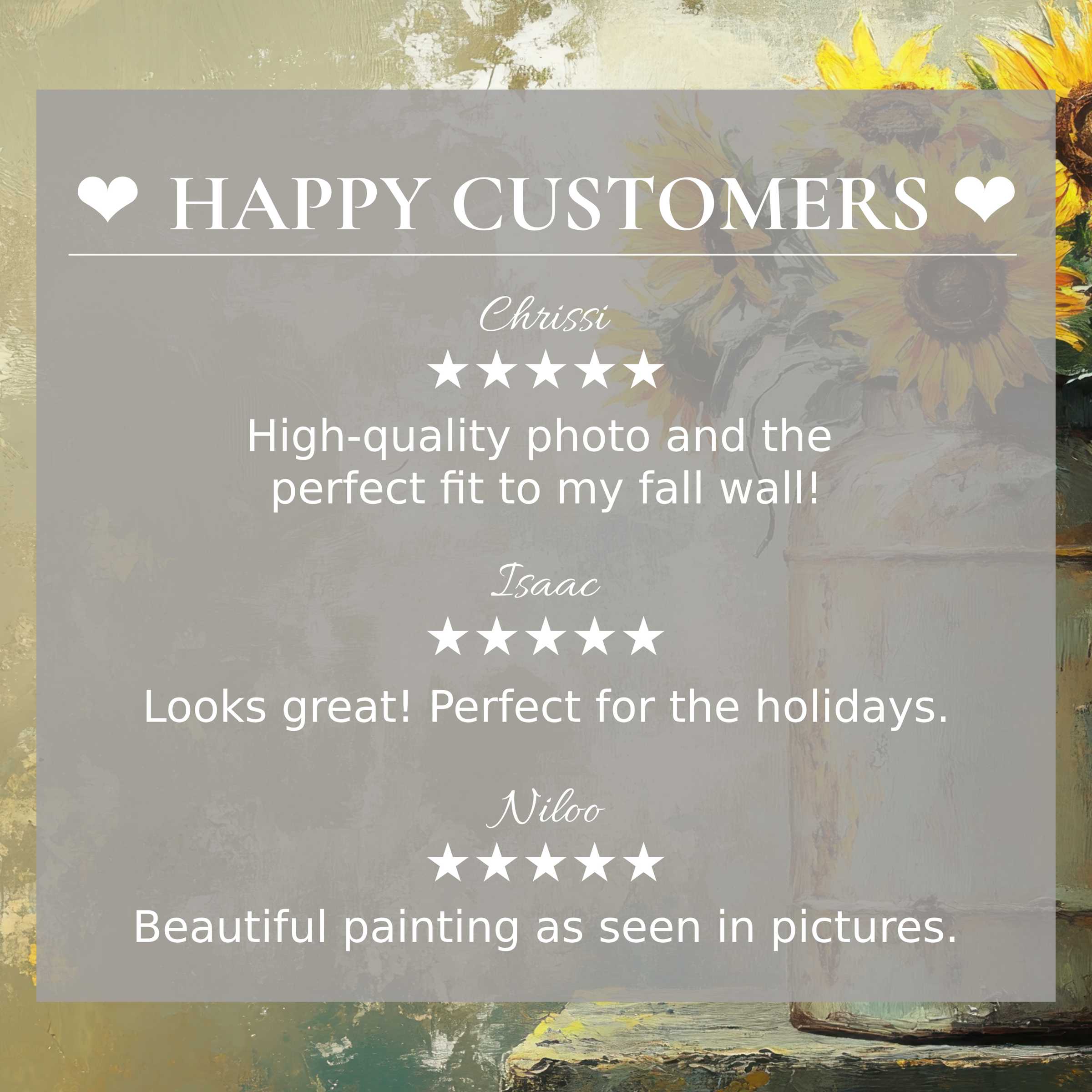 Elegant farmhouse art for Frame TV with sunflower painting, happy customer praise builds trust and style appeal