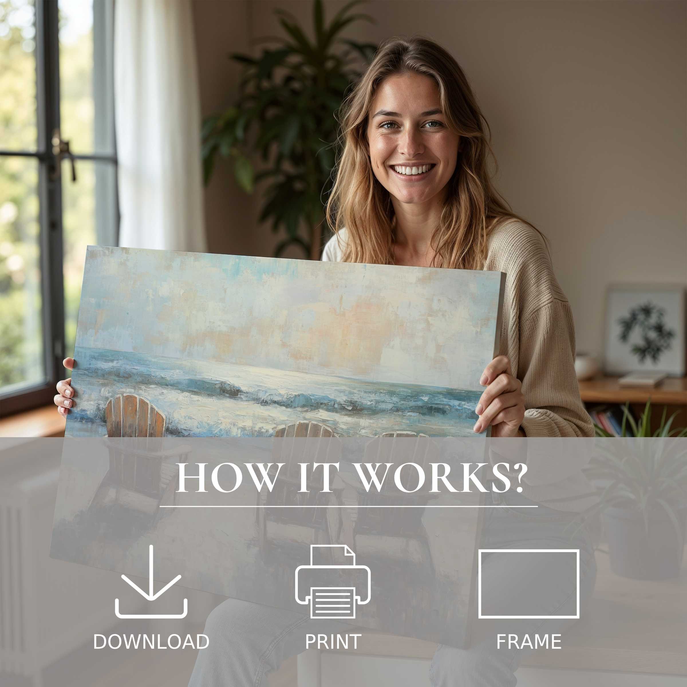 Radiant joy in a serene, sunlit home where a beach digital art print brings effortless elegance and soulful connection to everyday life