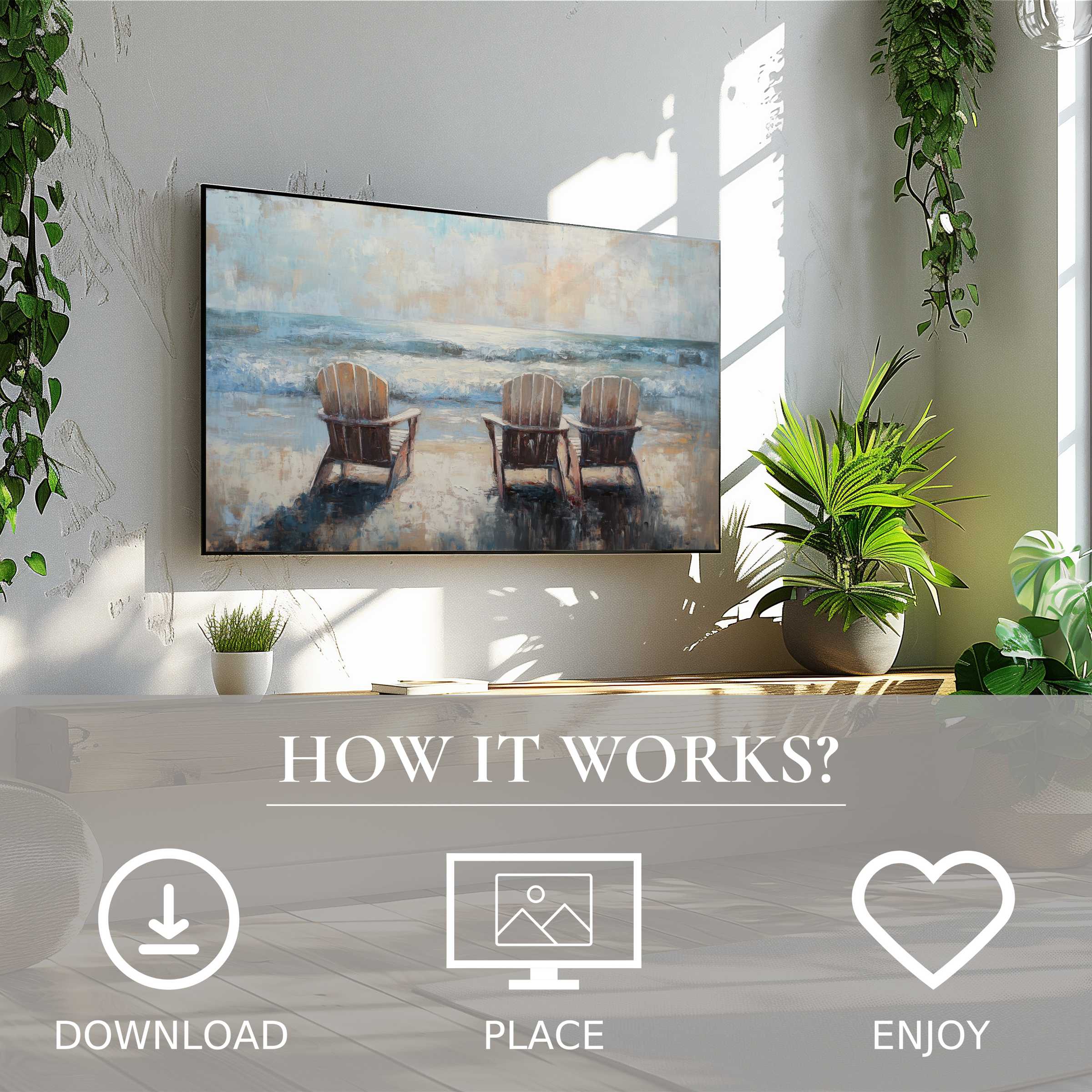 Modern living room with beach art for Samsung TV, featuring soft sunset tones; easy digital download enriches space