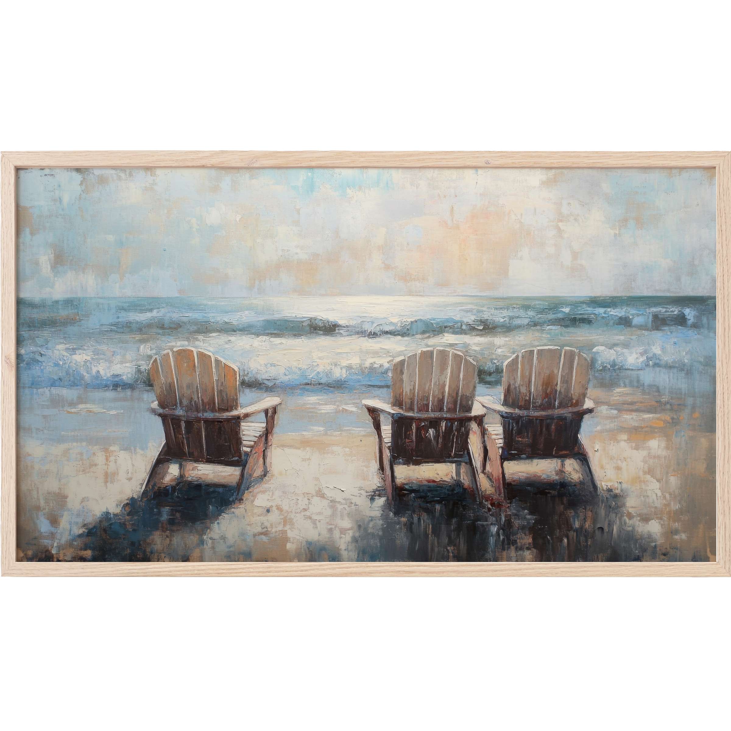 Tranquil beach scene with three wooden chairs facing the sea in soft blues and warm neutrals, beach Frame TV Art