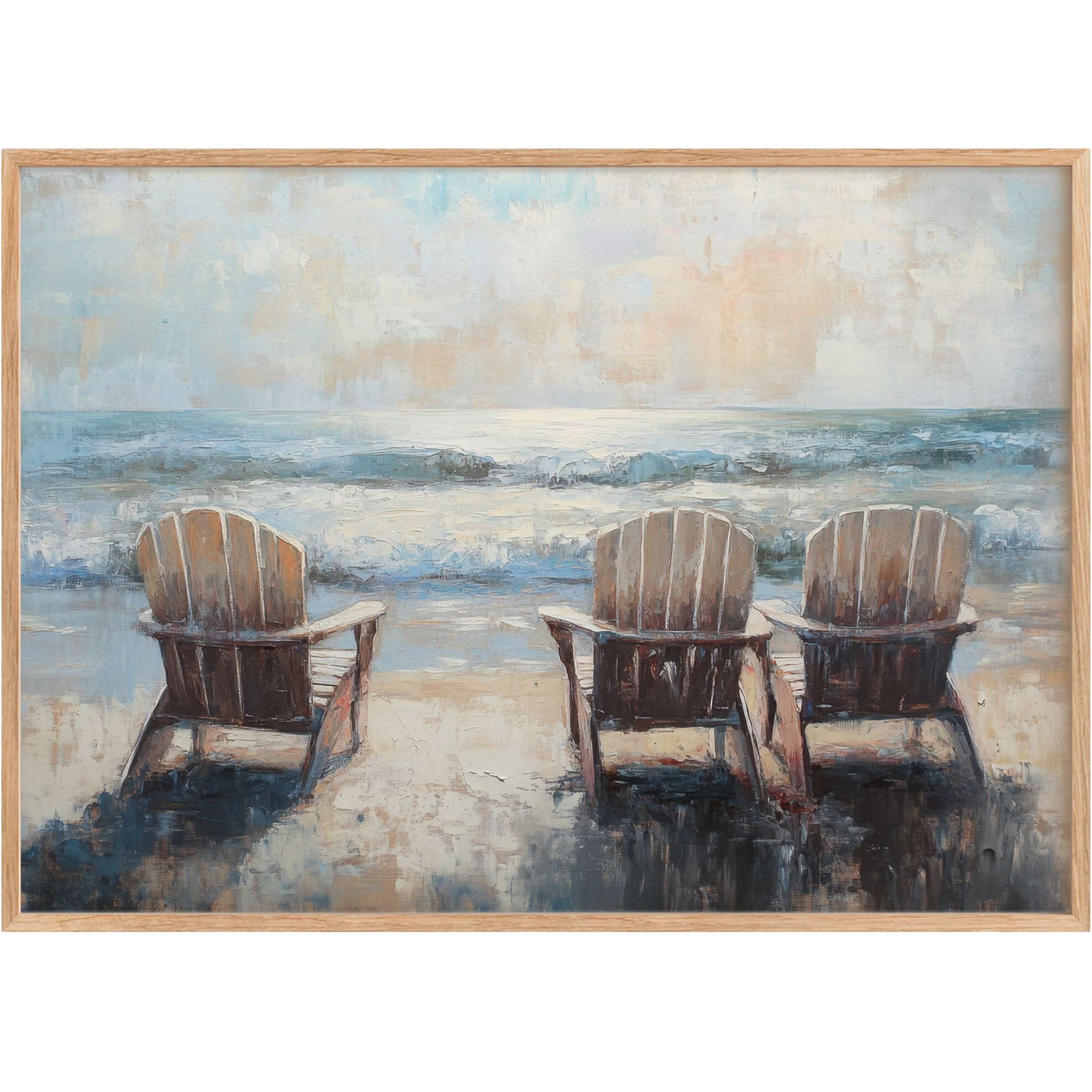 Tranquil beach printable wall art with three weathered wooden chairs, soothing blues and warm neutrals evoking serene coastal calm