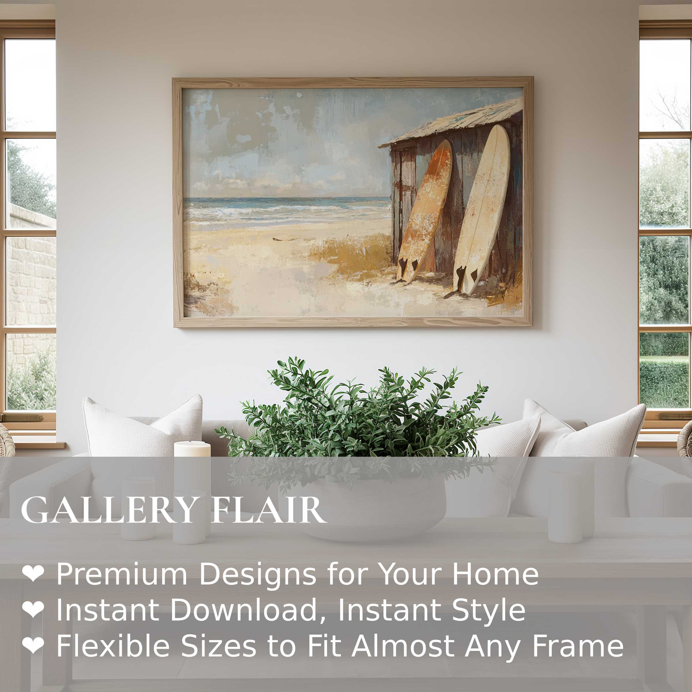 Coastal wall art print featuring radiant surfboards by a weathered beach hut, evoking serene, breezy coastal living in a modern, light-filled space