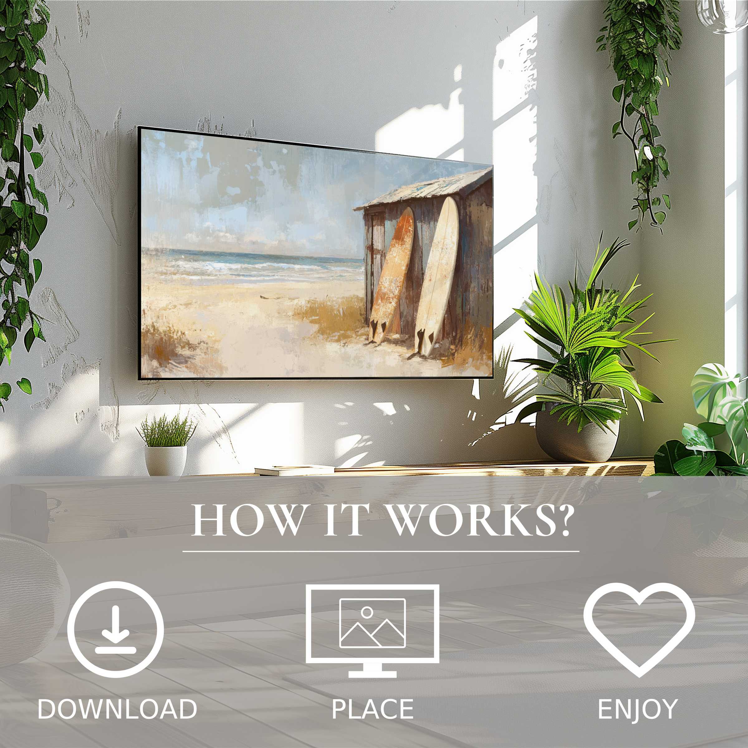 Coastal art for Samsung TV featuring soft sandy tones and surfboards, easy digital download enriches modern decor