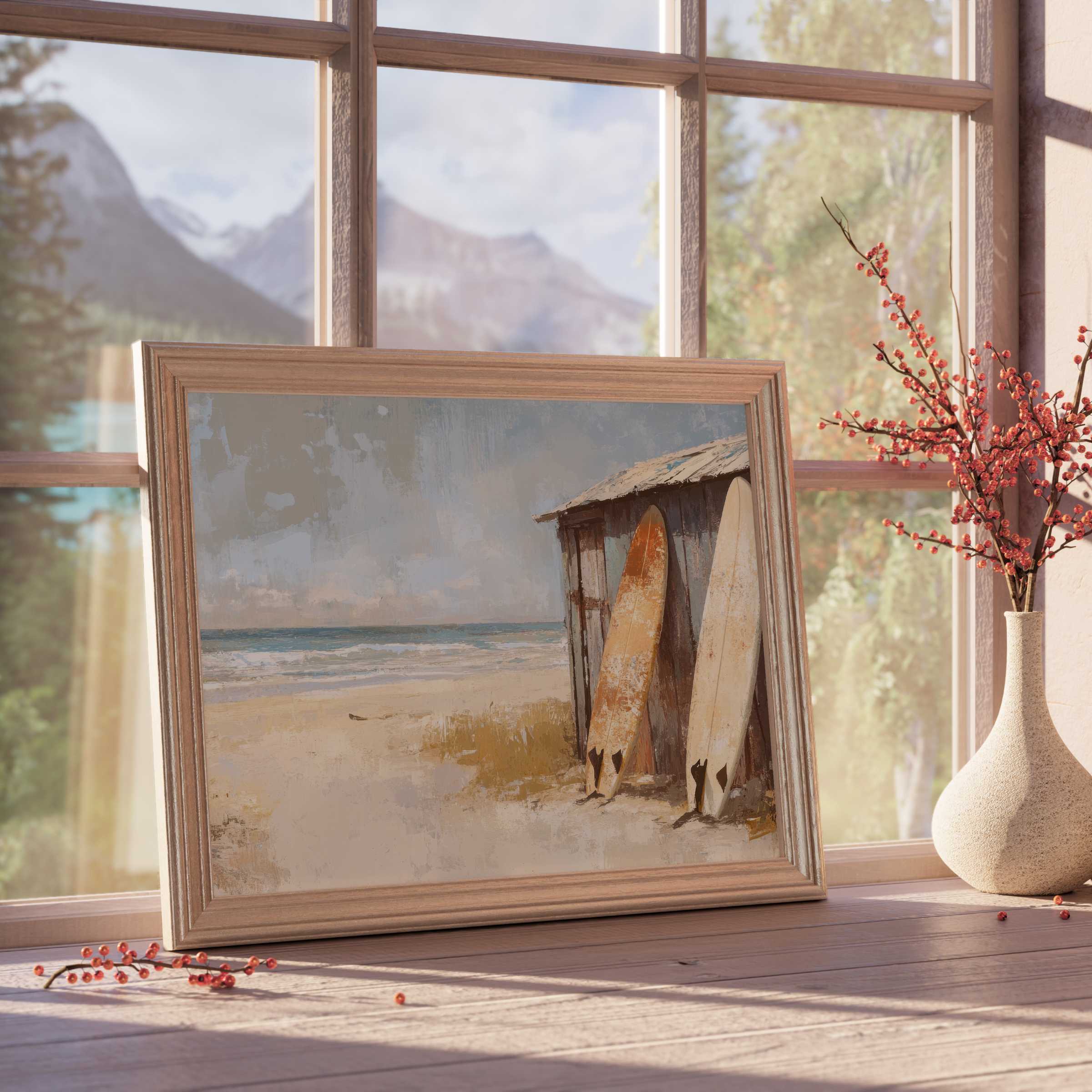Coastal downloadable art capturing serene surf vibes with vintage boards and soft, sandy hues for tranquil, luxe interiors
