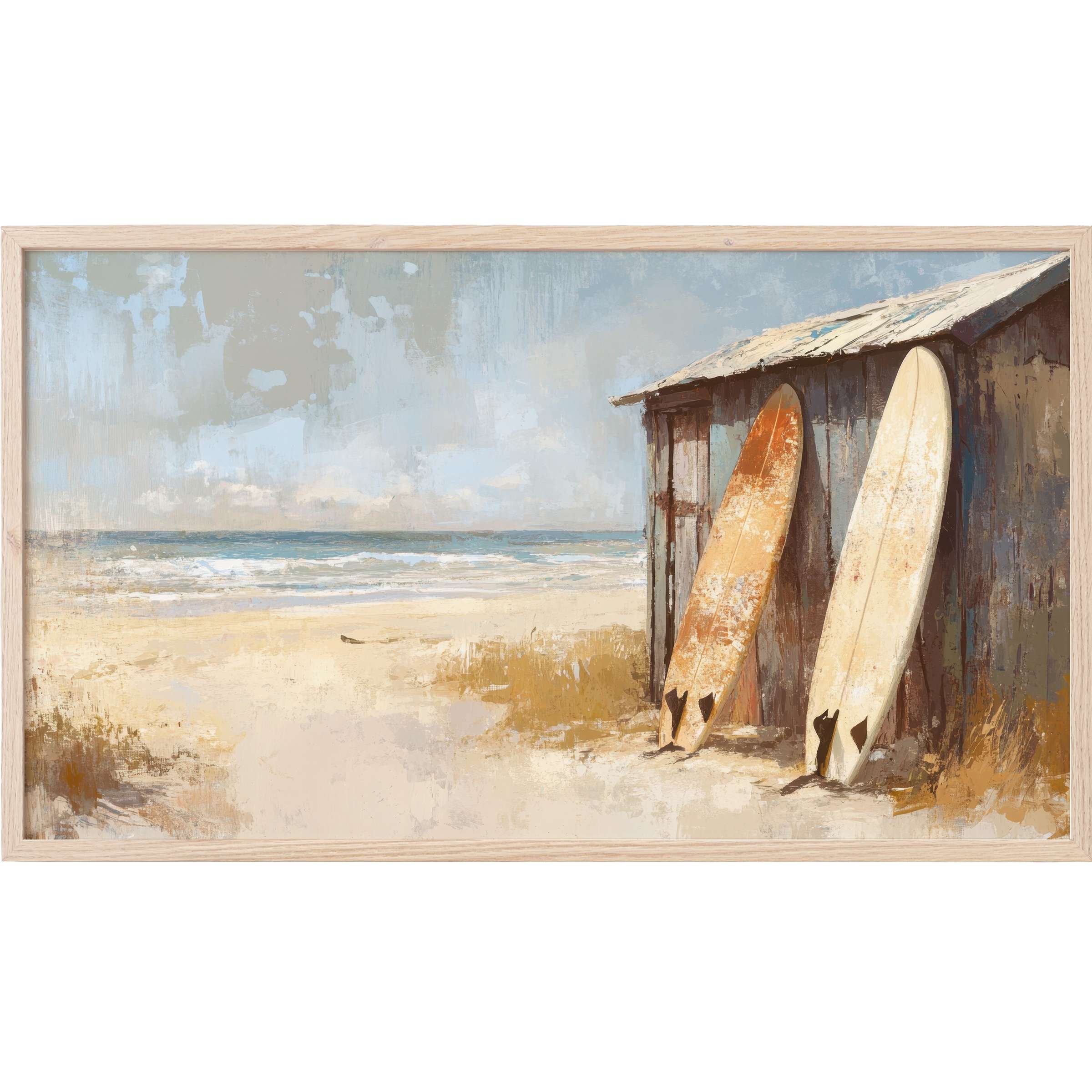 Coastal Frame TV Art depicting weathered surfboards by a rustic beach shack in soft blues, sandy beiges, and warm browns