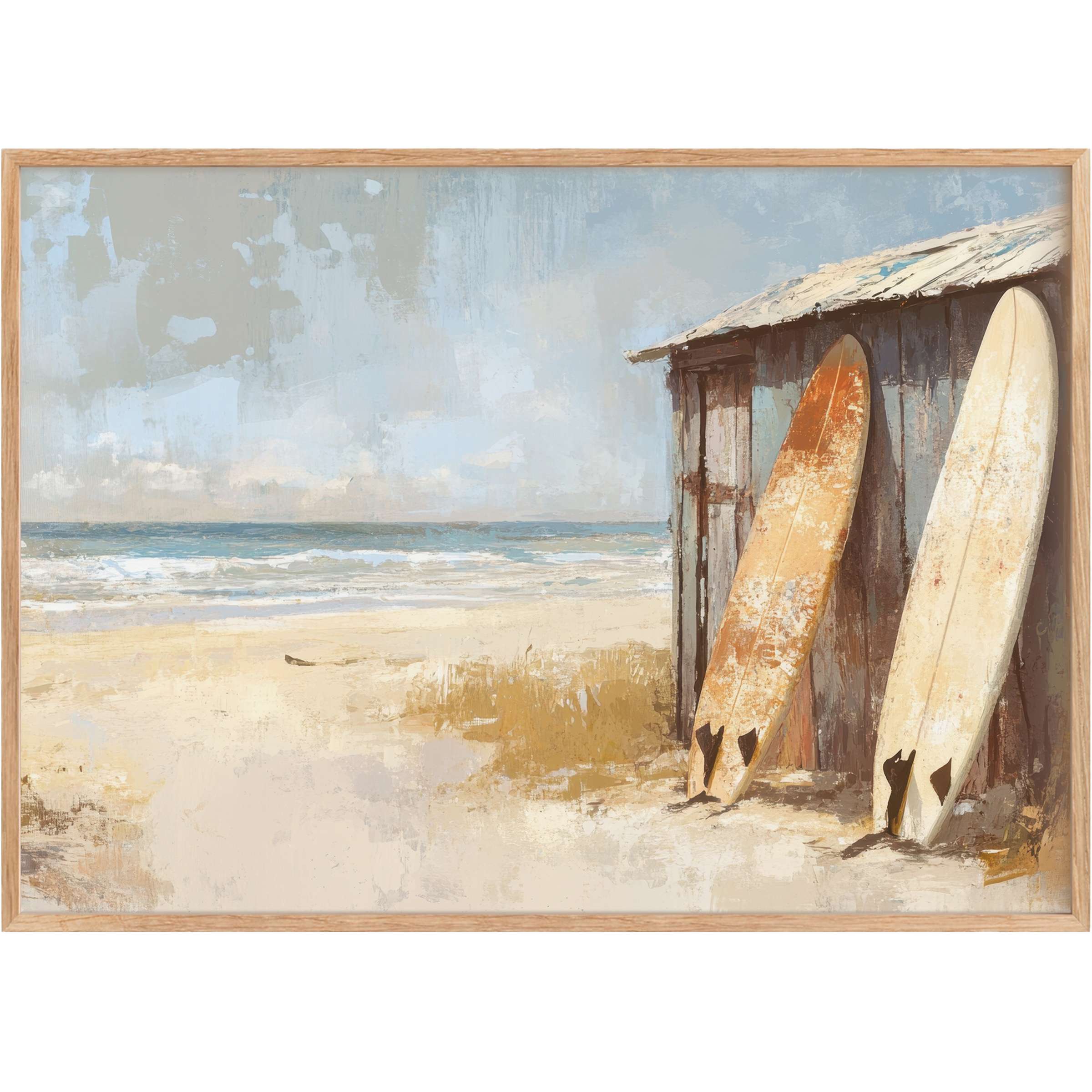 Coastal printable wall art capturing serene sandy shores and weathered surfboards, evoking a warm, calming beachside sanctuary