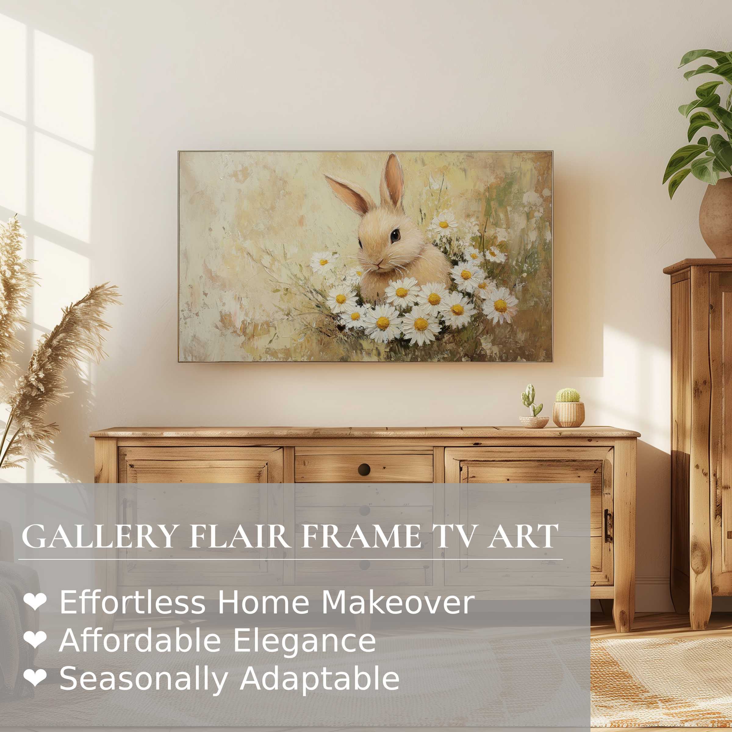 Elegant Samsung Frame TV displays soft, vintage-inspired easter digital artwork with a bunny and daisies in a warm setting
