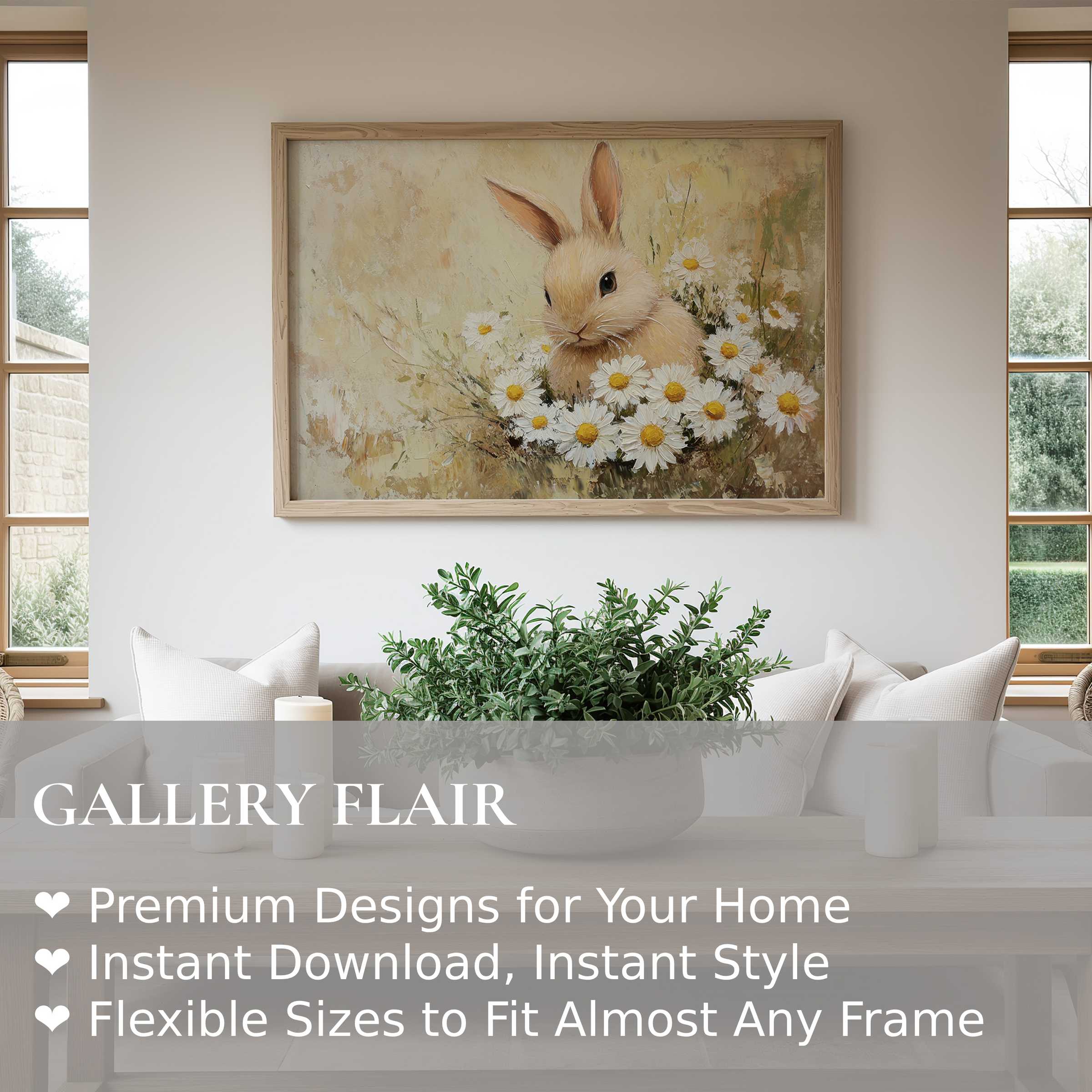 Easter wall art print featuring a radiant bunny amid daisies, enhancing serene modern farmhouse interiors with soft, natural charm