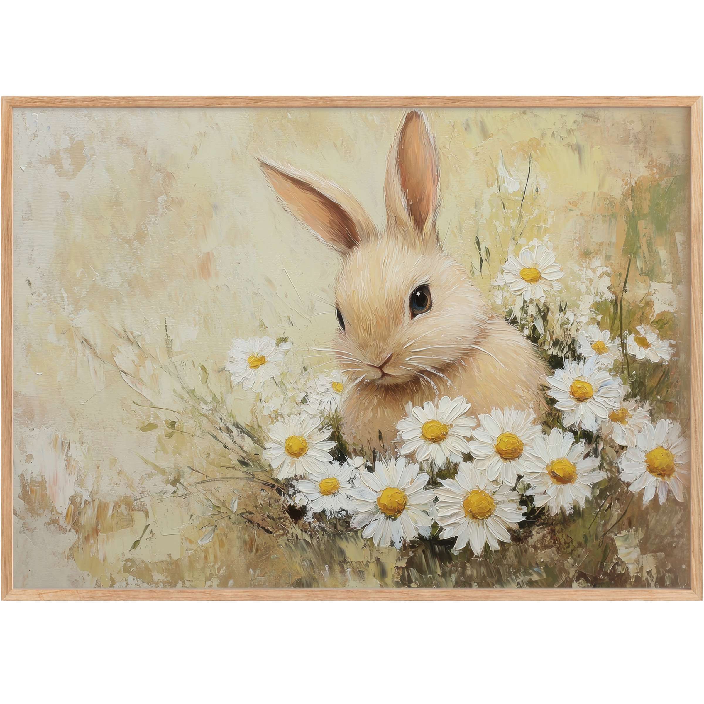 Softly radiant Easter printable wall art featuring a gentle bunny nestled in warm creams and vibrant daisies, evoking serene springtime charm