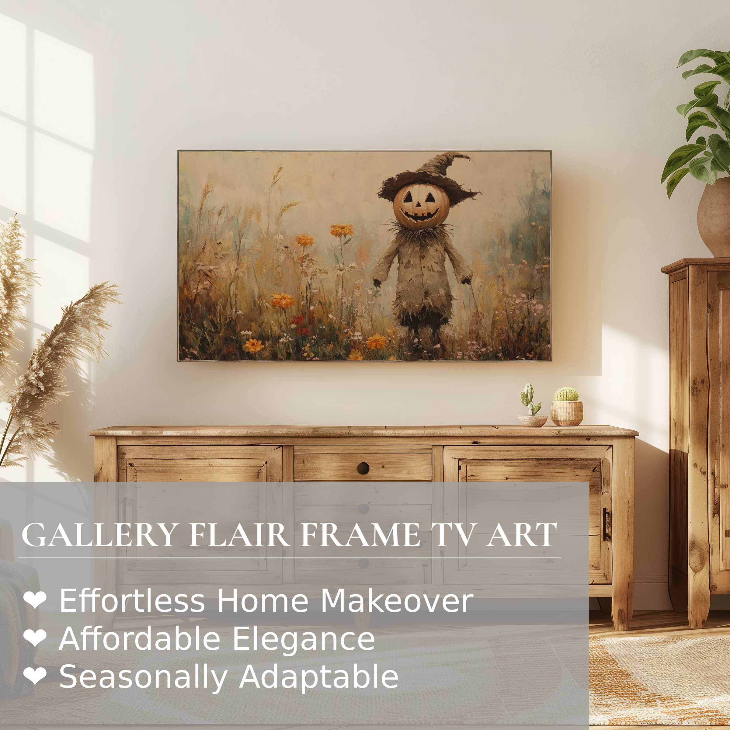 Samsung Frame TV displaying elegant, warm-toned Halloween digital artwork in a cozy, modern rustic living space