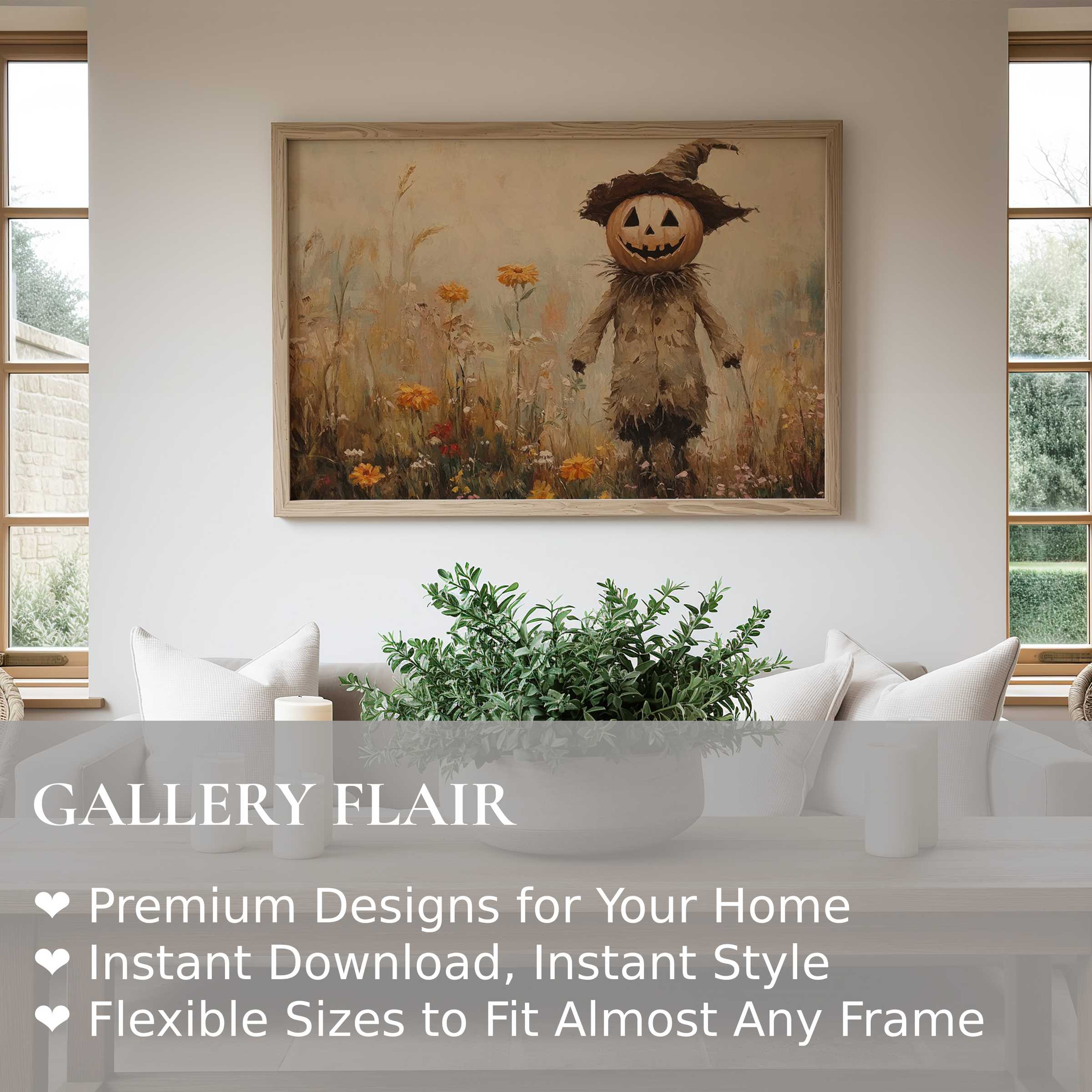 Halloween wall art print featuring a whimsical pumpkin scarecrow in muted autumn tones, enhancing cozy modern farmhouse interiors